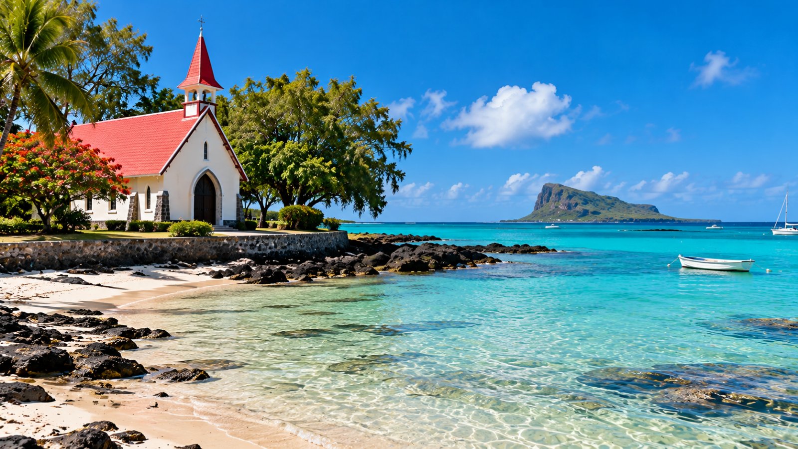 La chiesa dal tetto rosso di Cap Malheureux affacciata sul mare turchese, con l'isolotto del Coin de Mire all'orizzonte