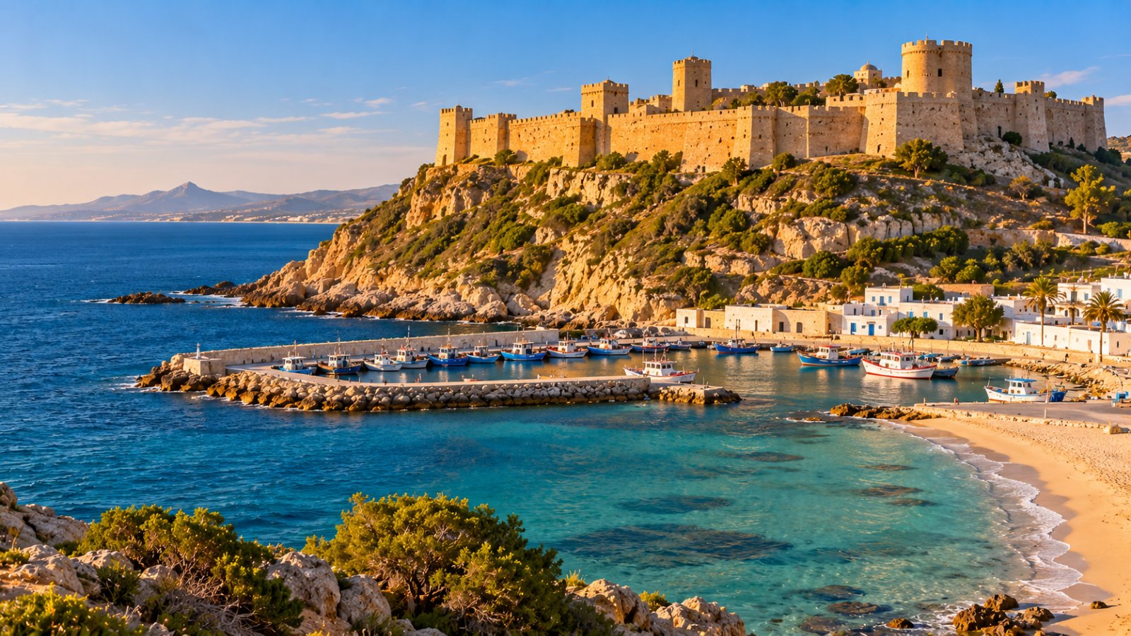 La fortezza di pietra di Kelibia su un promontorio sopra il mare turchese del Capo Bon, con il porto dei pescherecci e la spiaggia chiara in basso