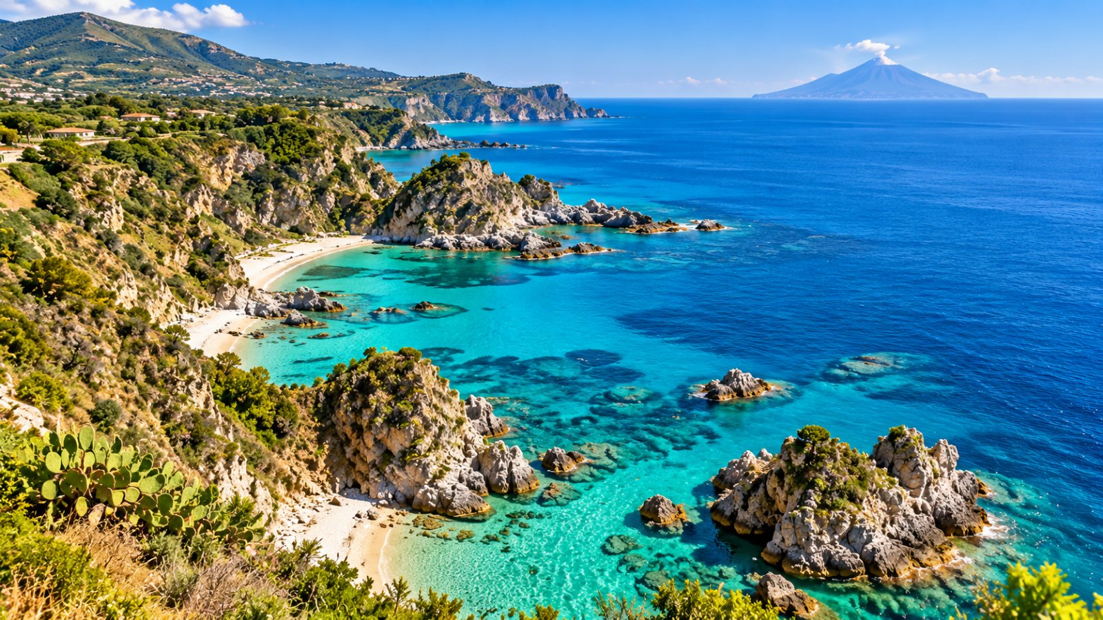 Il promontorio di Capo Vaticano visto dall'alto, con scogliere di granito, calette di sabbia bianca, acqua turchese e Stromboli all'orizzonte