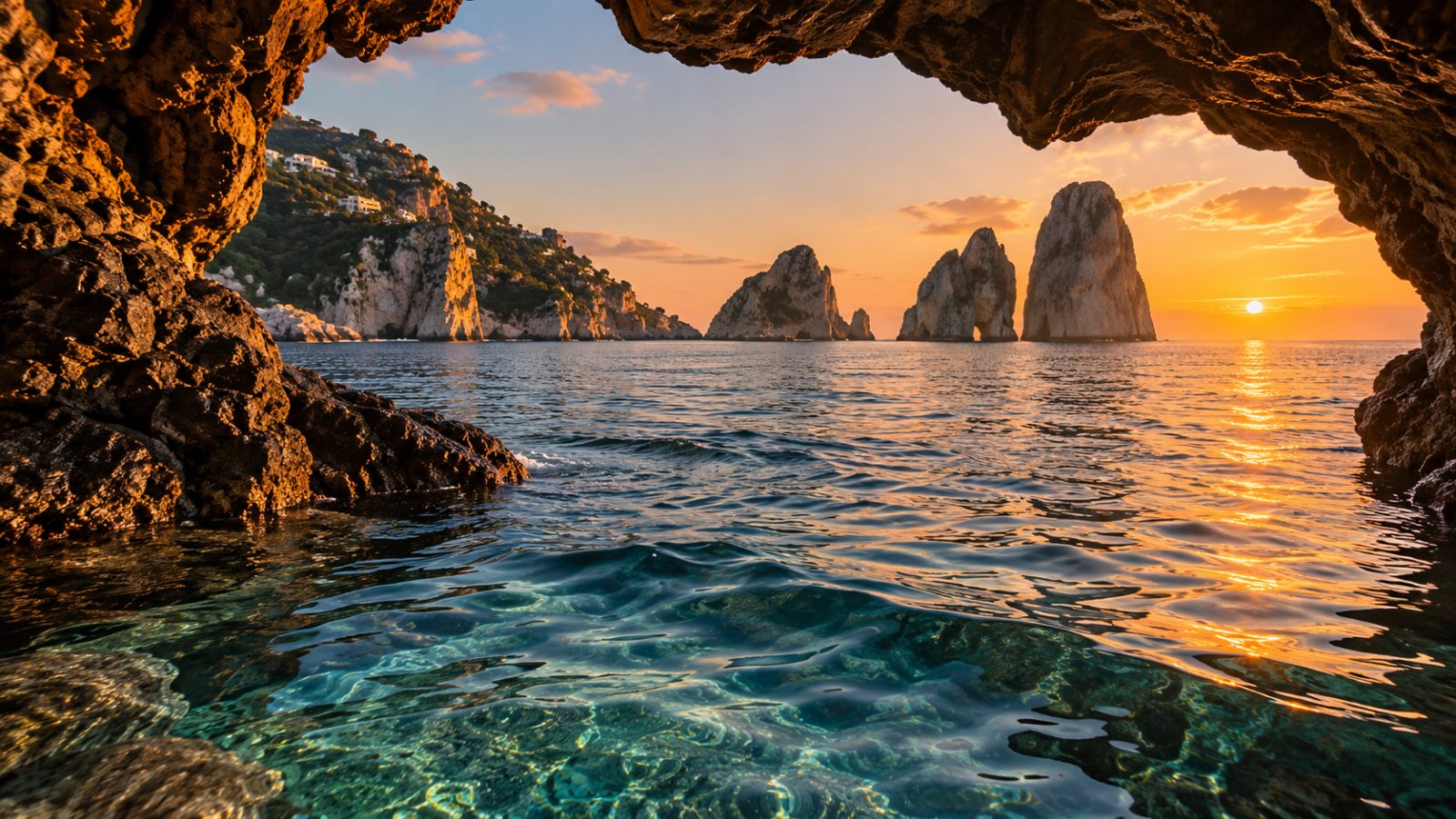 I Faraglioni di Capri al tramonto visti da una grotta sul mare