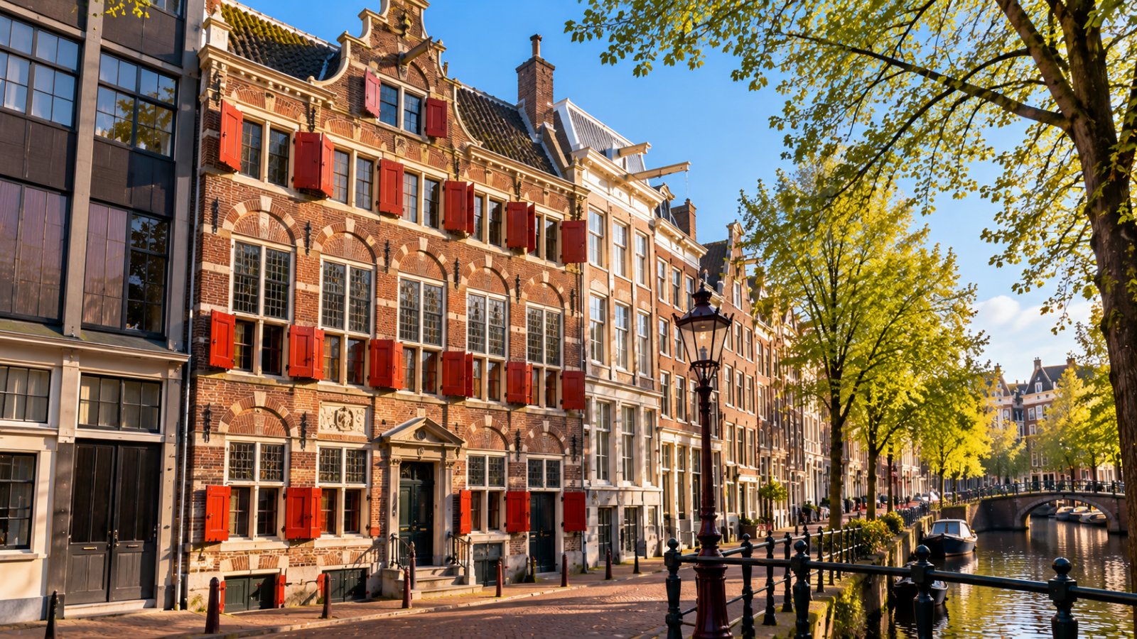 La facciata seicentesca in mattoni con le persiane rosse della Casa di Rembrandt ad Amsterdam, affacciata su un canale