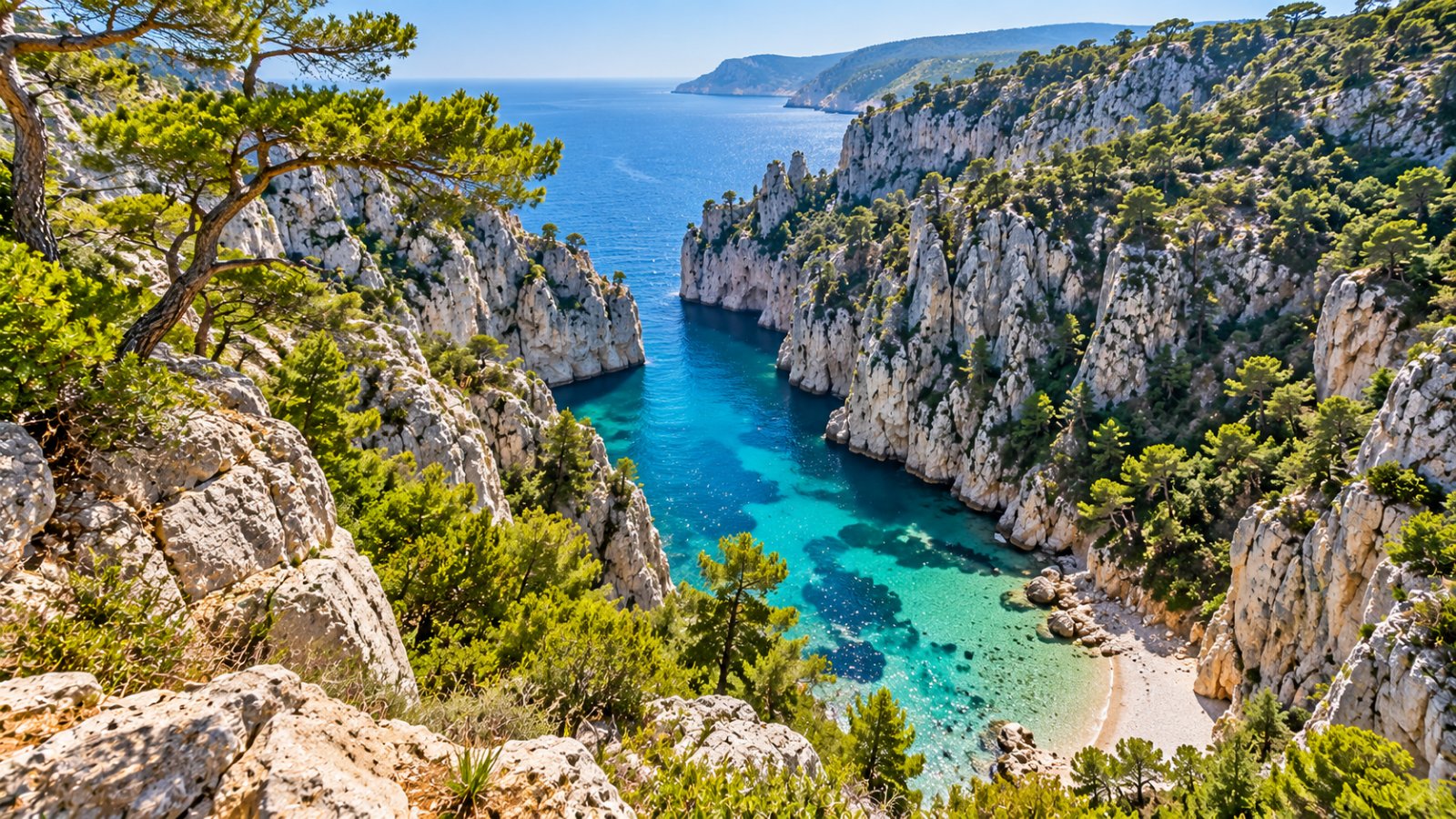 Una stretta insenatura di acqua turchese chiusa da alte pareti di roccia calcarea bianca e pini, vista dall'alto con una piccola spiaggia di ciottoli in fondo