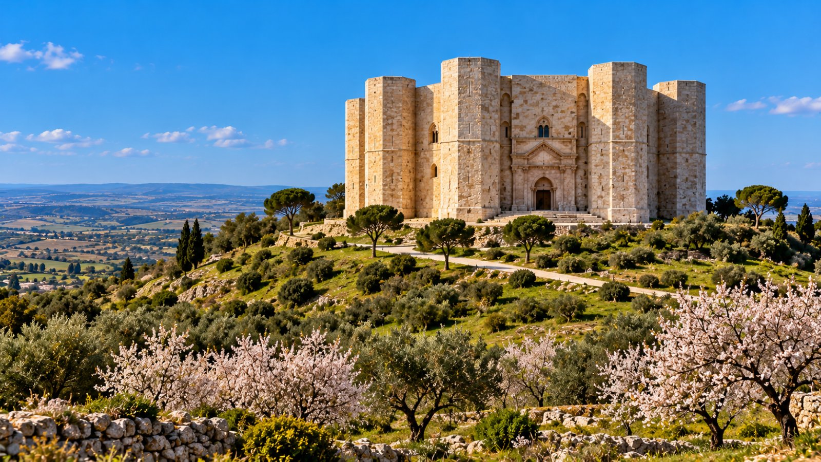 Castel del Monte, il castello ottagonale con le torri ottagonali, sulla collina della Murgia tra campi verdi e mandorli in fiore