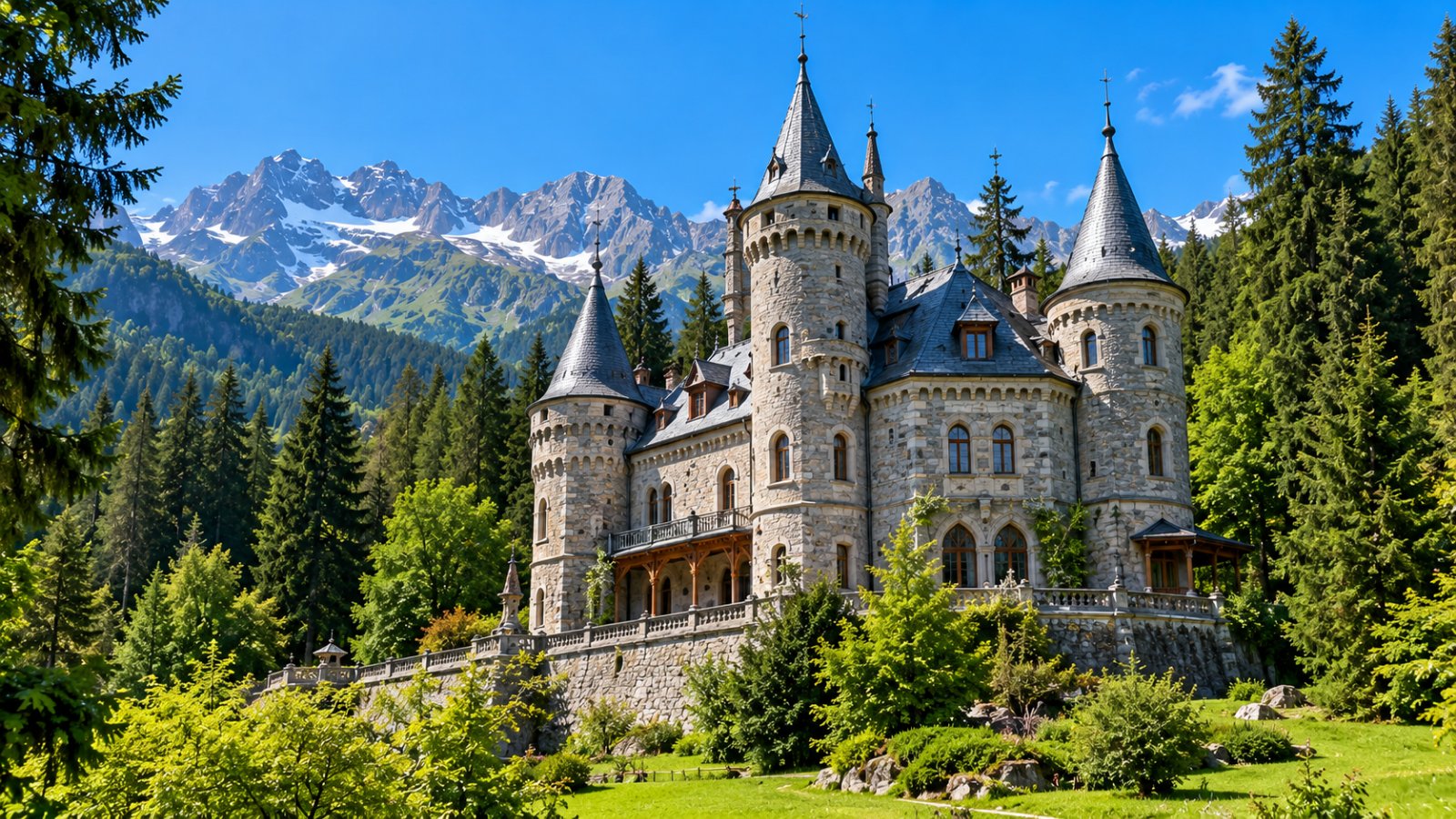 Il Castel Savoia di Gressoney-Saint-Jean con le torrette in pietra tra i boschi