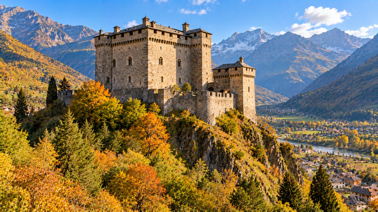 Il castello di Verrès, massiccio castello medievale di pietra su uno sperone roccioso, sopra i boschi in colori autunnali e il fondovalle della Dora Baltea