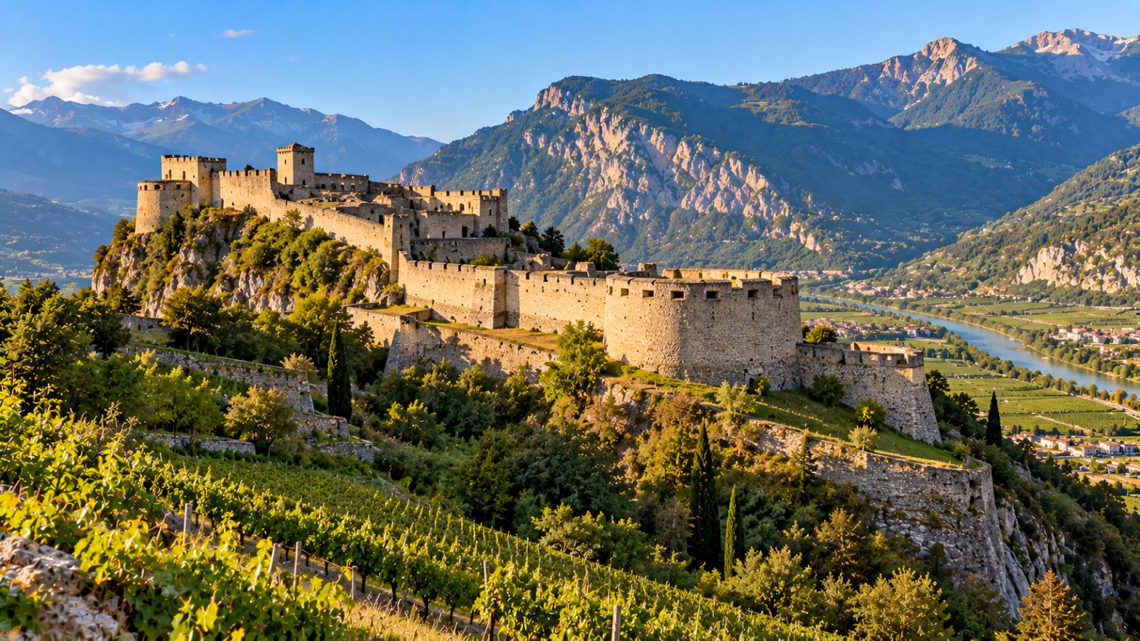 Castel Beseno, lunga fortezza di pietra con mura e bastioni che occupa la cima di una collina sopra la valle dell'Adige, con vigneti ai piedi e montagne sullo sfondo