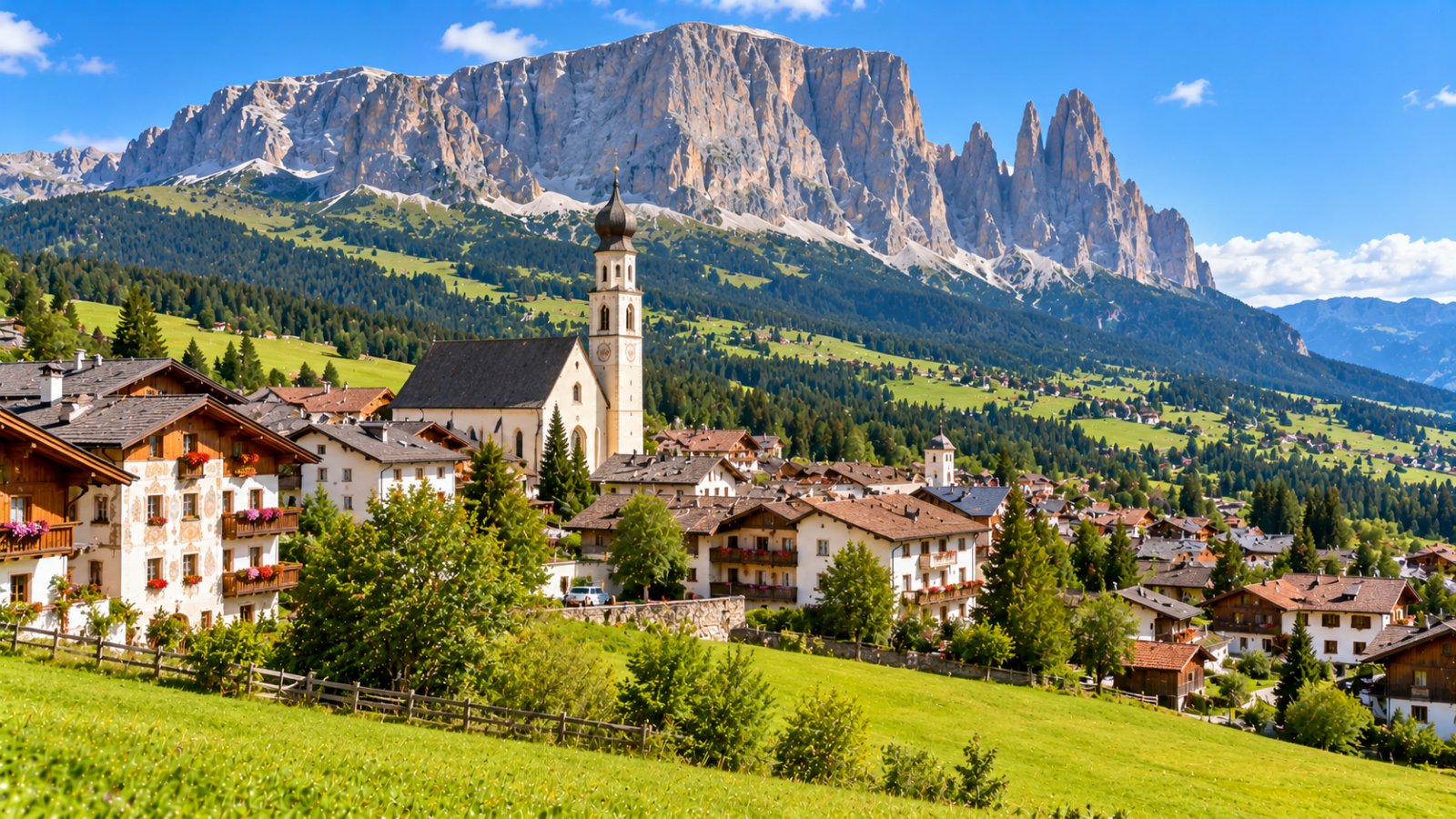 Il paese di Castelrotto con l'alto campanile chiaro e le case affrescate tra i prati, con il massiccio dello Sciliar sullo sfondo in una giornata limpida