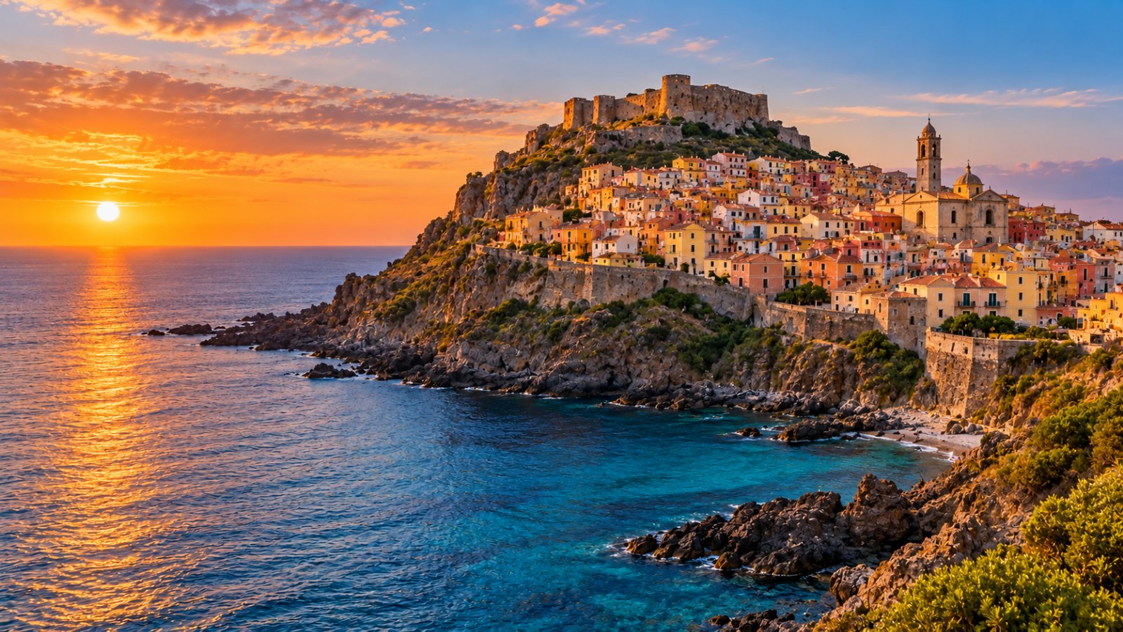 Il borgo di Castelsardo sul promontorio a picco sul mare, con il castello in cima e il campanile della cattedrale