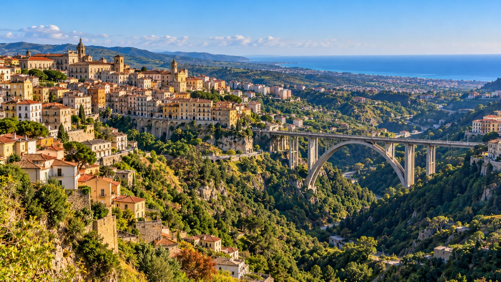 Catanzaro su un crinale tra le valli, con le case del centro storico e il grande ponte ad arco in cemento sul vallone della Fiumarella, colline intorno e il mare all'orizzonte