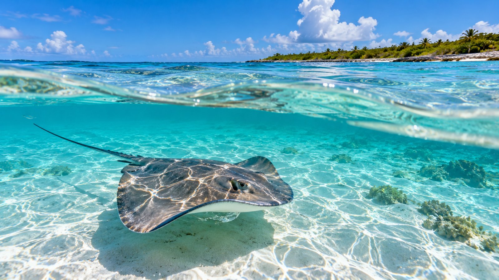 Una razza nuota su un fondale di sabbia bianca nel mare cristallino delle Isole Cayman