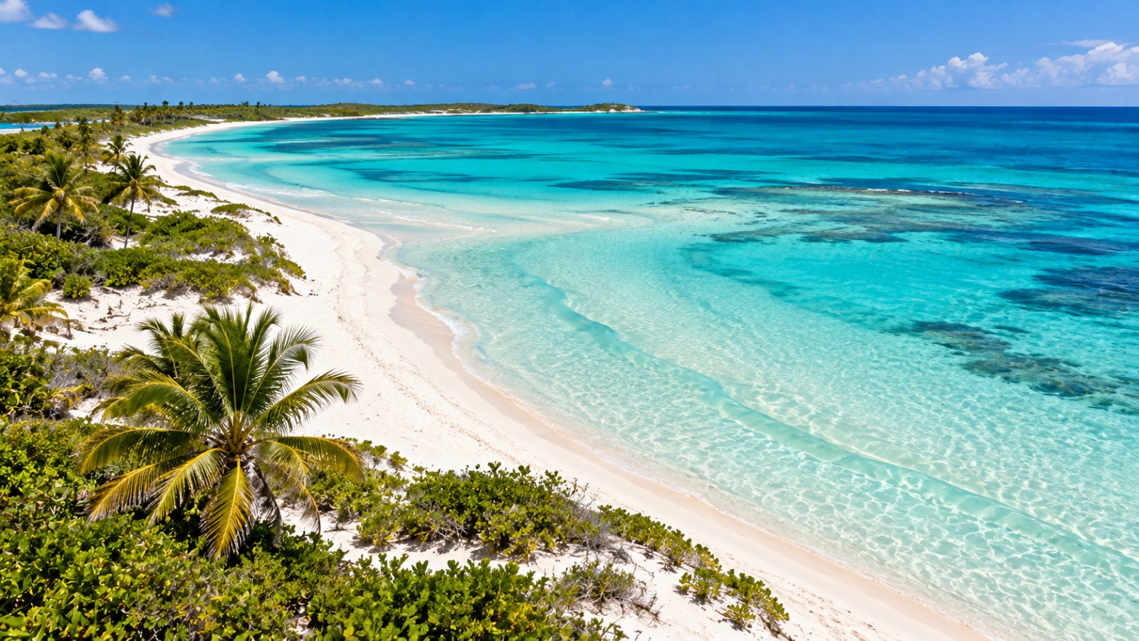 Una lunga spiaggia di sabbia bianchissima con acqua bassa turchese, palme e vegetazione sulle dune in uno dei cayos della costa nord di Cuba