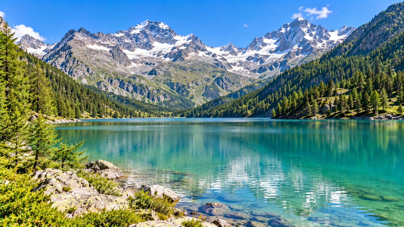 Il lago di Ceresole Reale con l'acqua verde azzurra, i boschi di larici sulle rive e le montagne rocciose con chiazze di neve sullo sfondo