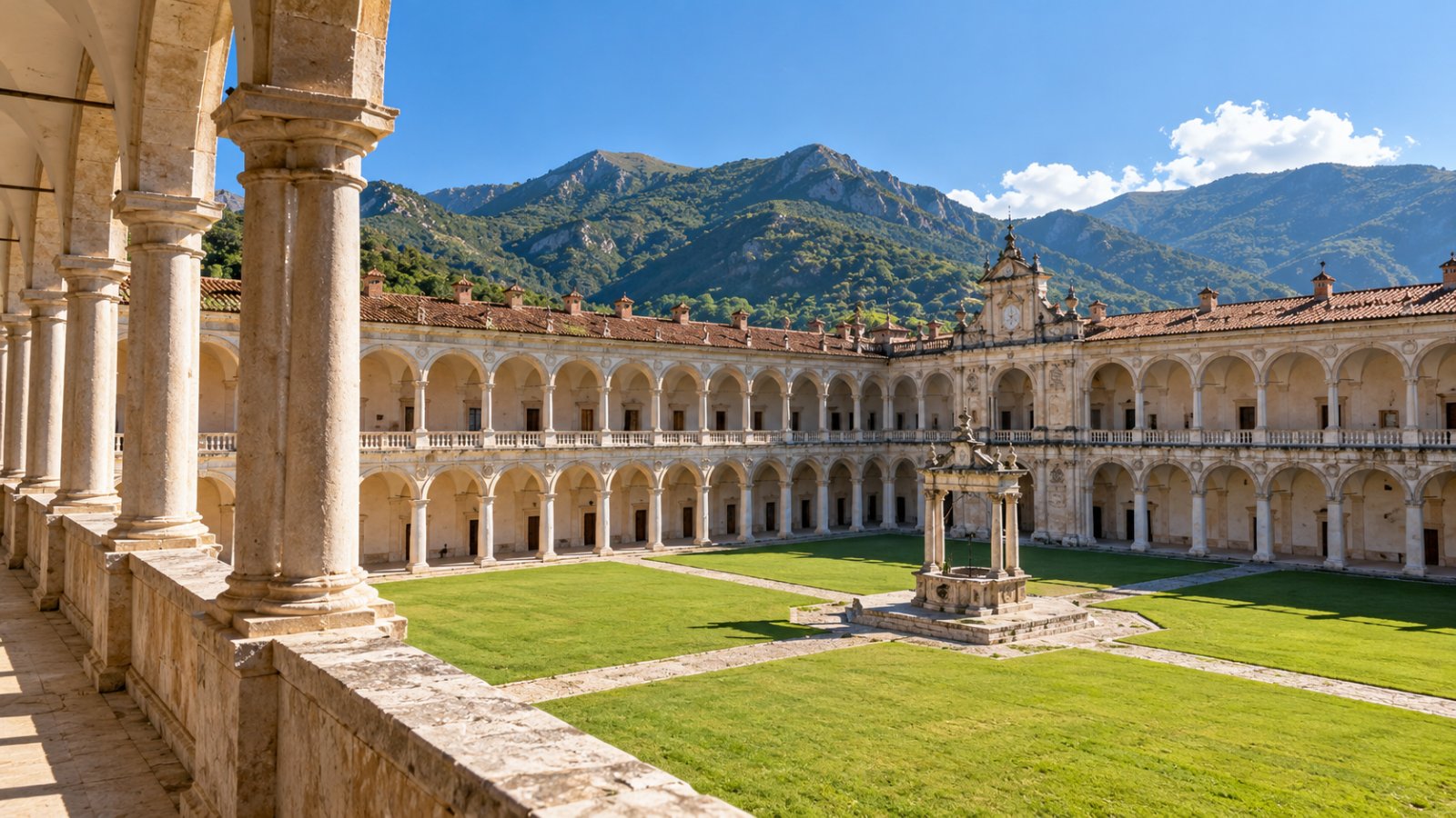 Il grande chiostro della Certosa di Padula con i portici in pietra e il prato, e le montagne sullo sfondo