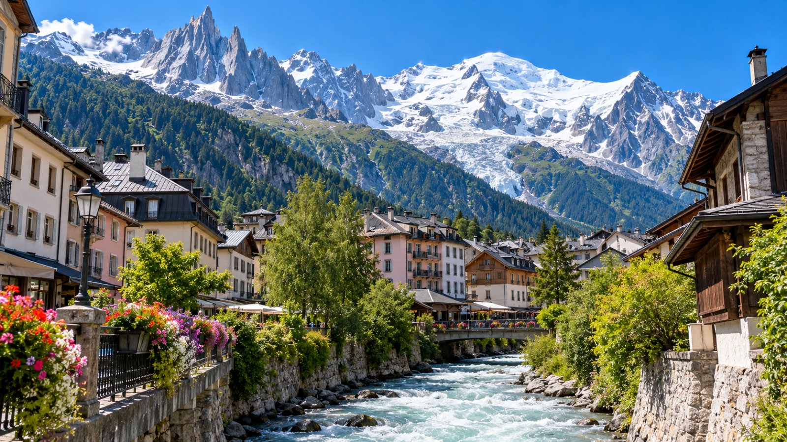 Il centro di Chamonix con le case dai tetti in ardesia lungo il torrente, sotto le guglie di granito dell'Aiguille du Midi e i ghiacciai del Monte Bianco, in una mattina limpida d'estate
