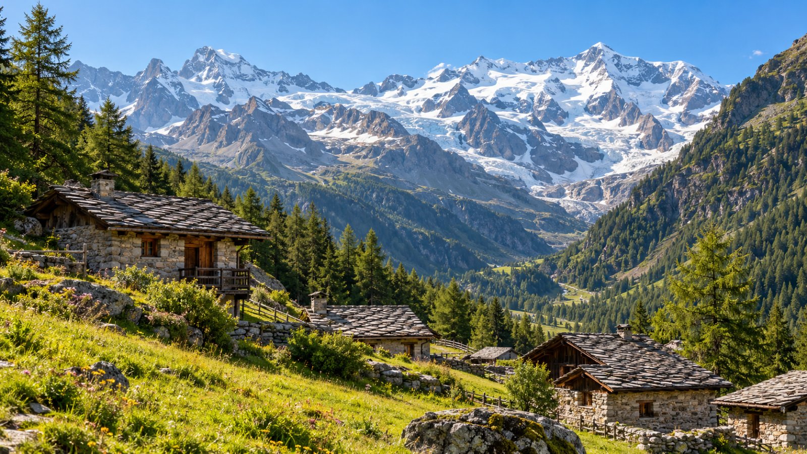 Prati verdi e baite in legno e pietra della Val d'Ayas d'estate, con boschi di larici e i ghiacciai del Monte Rosa sullo sfondo