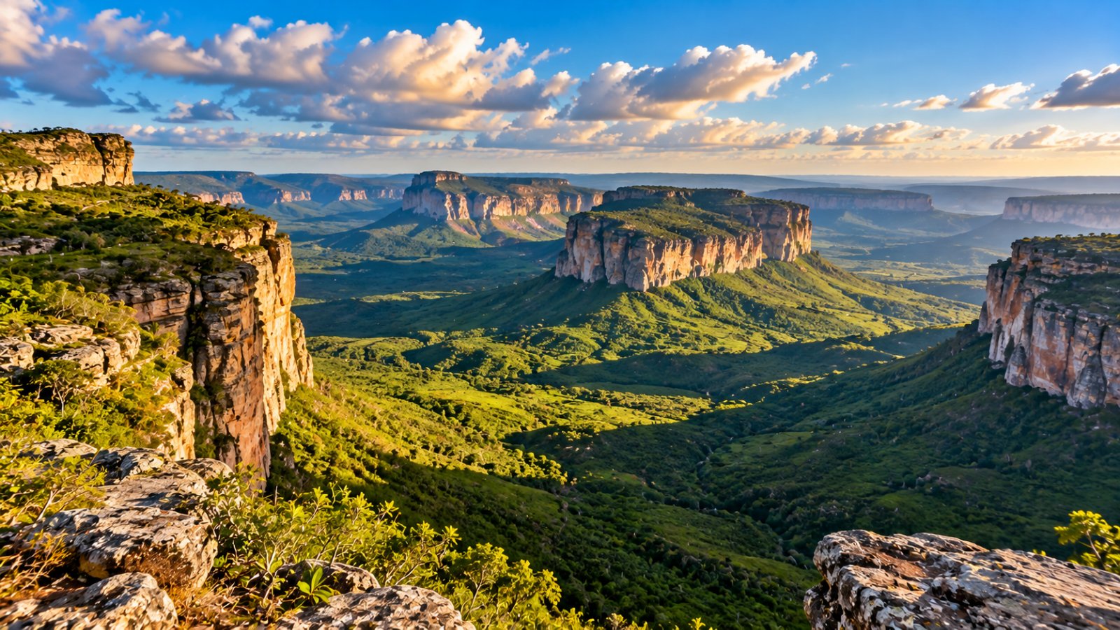 Il panorama dal Morro do Pai Inácio nella Chapada Diamantina: altipiani dalle pareti a picco e valli verdi sotto un cielo con nuvole