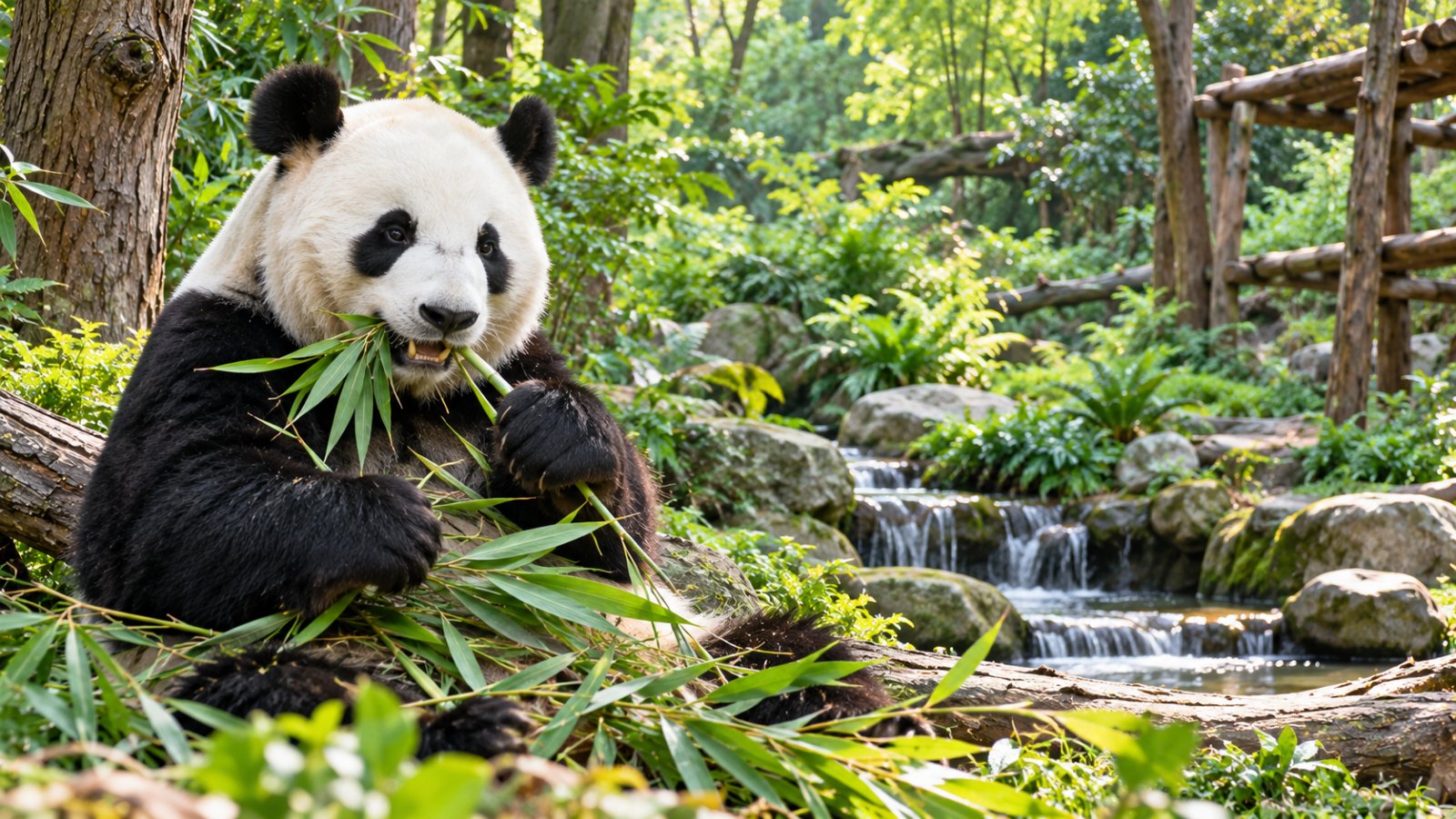 Un panda gigante che mangia bambù tra la vegetazione fitta, vicino a un ruscello