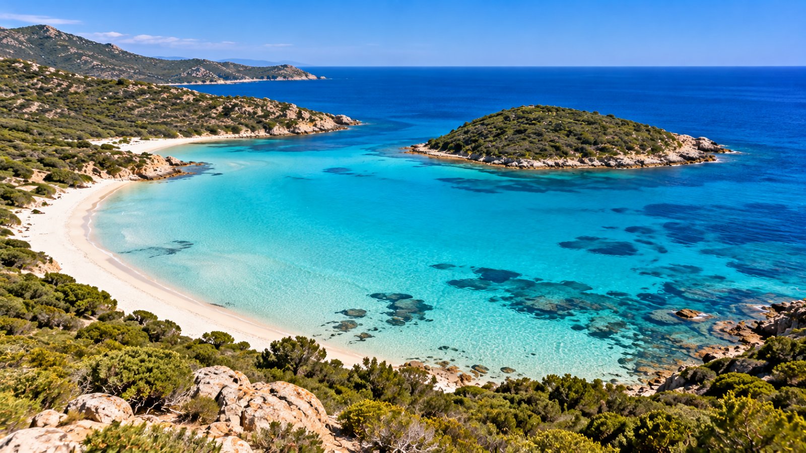 La baia di Tuerredda con l'acqua turchese, la spiaggia chiara e l'isolotto davanti alla riva