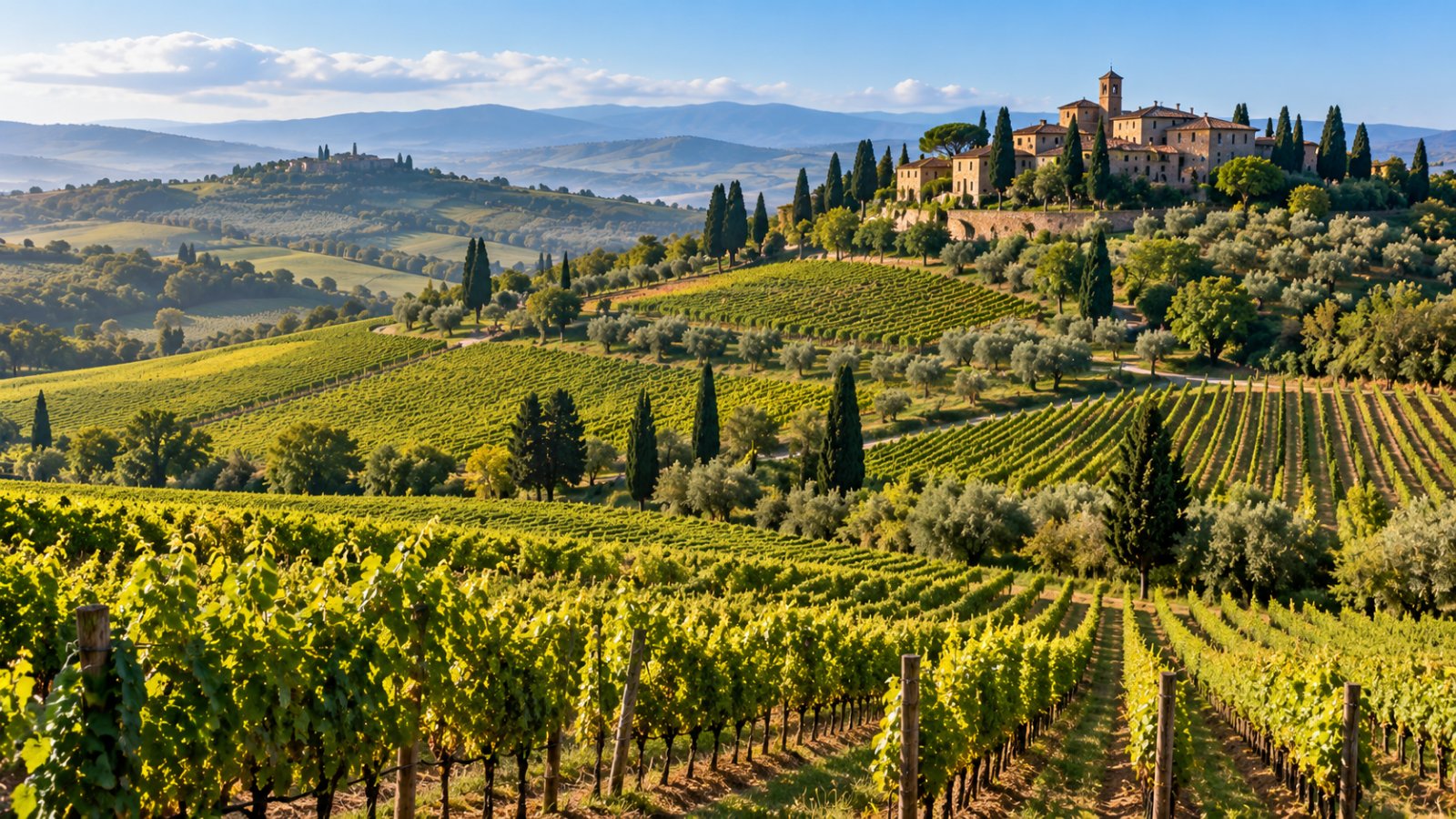 Vigneti del Chianti sulle colline al mattino, con filari ordinati, cipressi e un borgo in pietra sulla cima