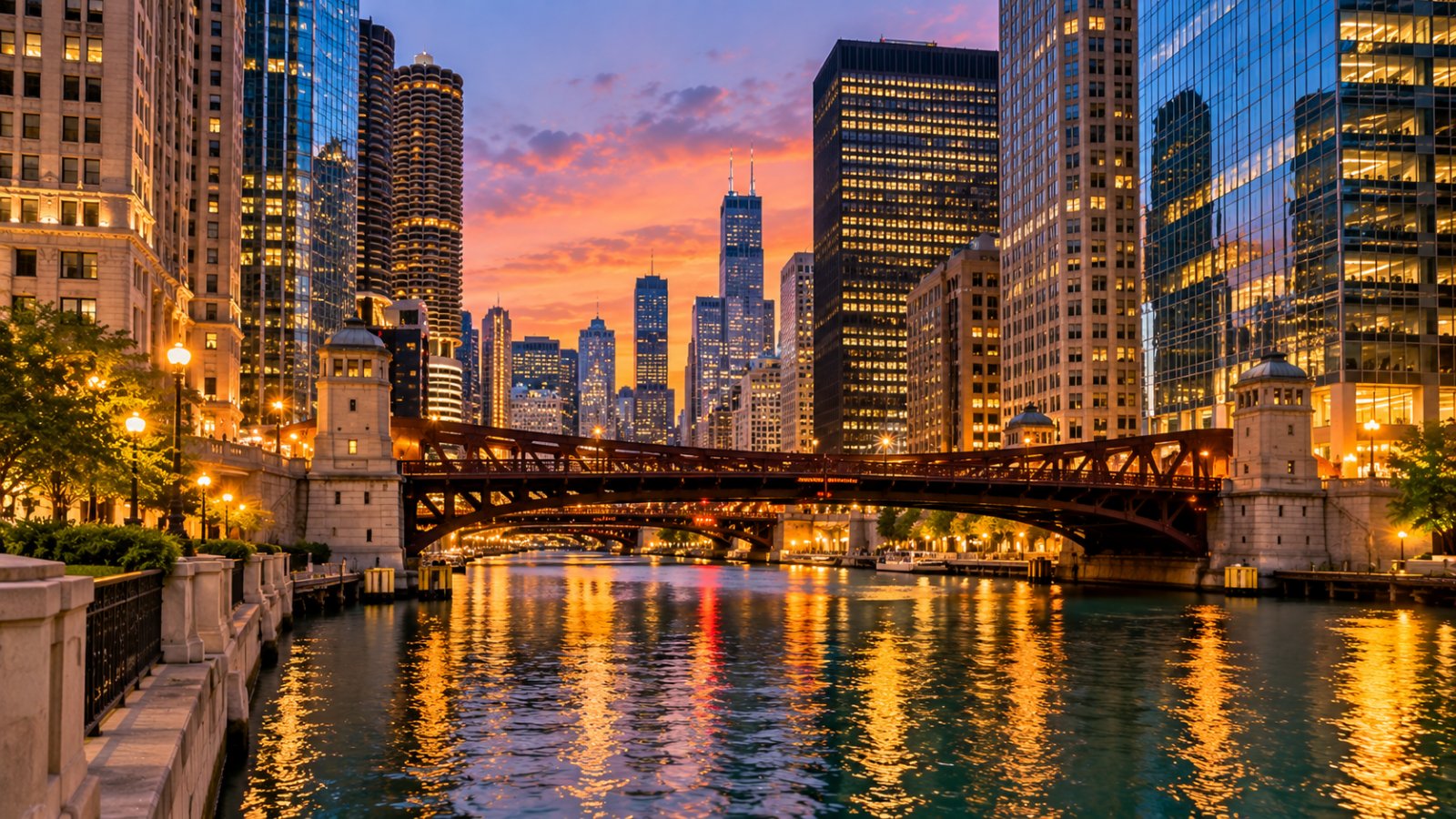 I grattacieli di Chicago lungo il fiume Chicago al crepuscolo, con i ponti mobili e le luci degli edifici riflesse nell'acqua