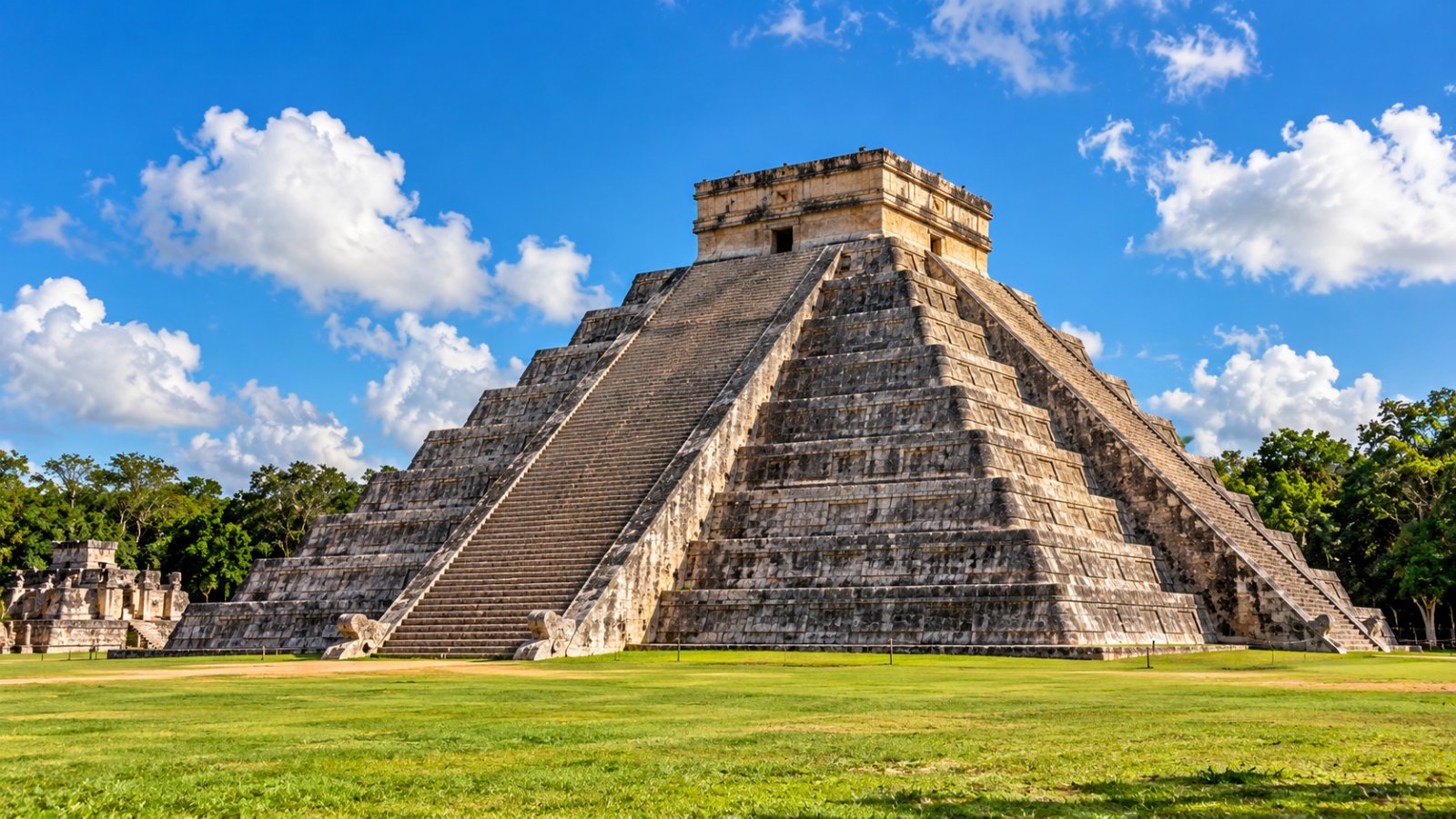 La piramide di Kukulcán a Chichén Itzá con le scalinate a gradoni, il prato verde e il cielo azzurro