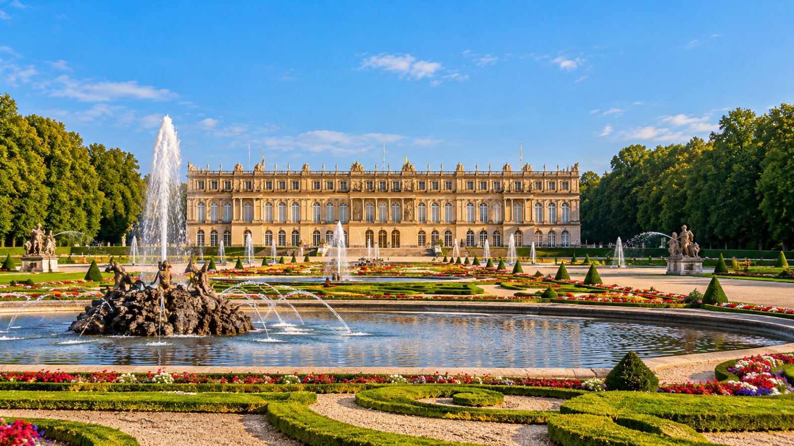 La facciata della reggia di Herrenchiemsee vista dal fondo del parco, con le vasche, le fontane e i giardini alla francese nella luce del mattino