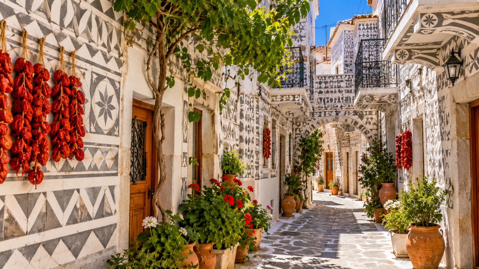 Le facciate decorate in bianco e grigio di un vicolo di Pyrgi, il villaggio del mastice di Chios