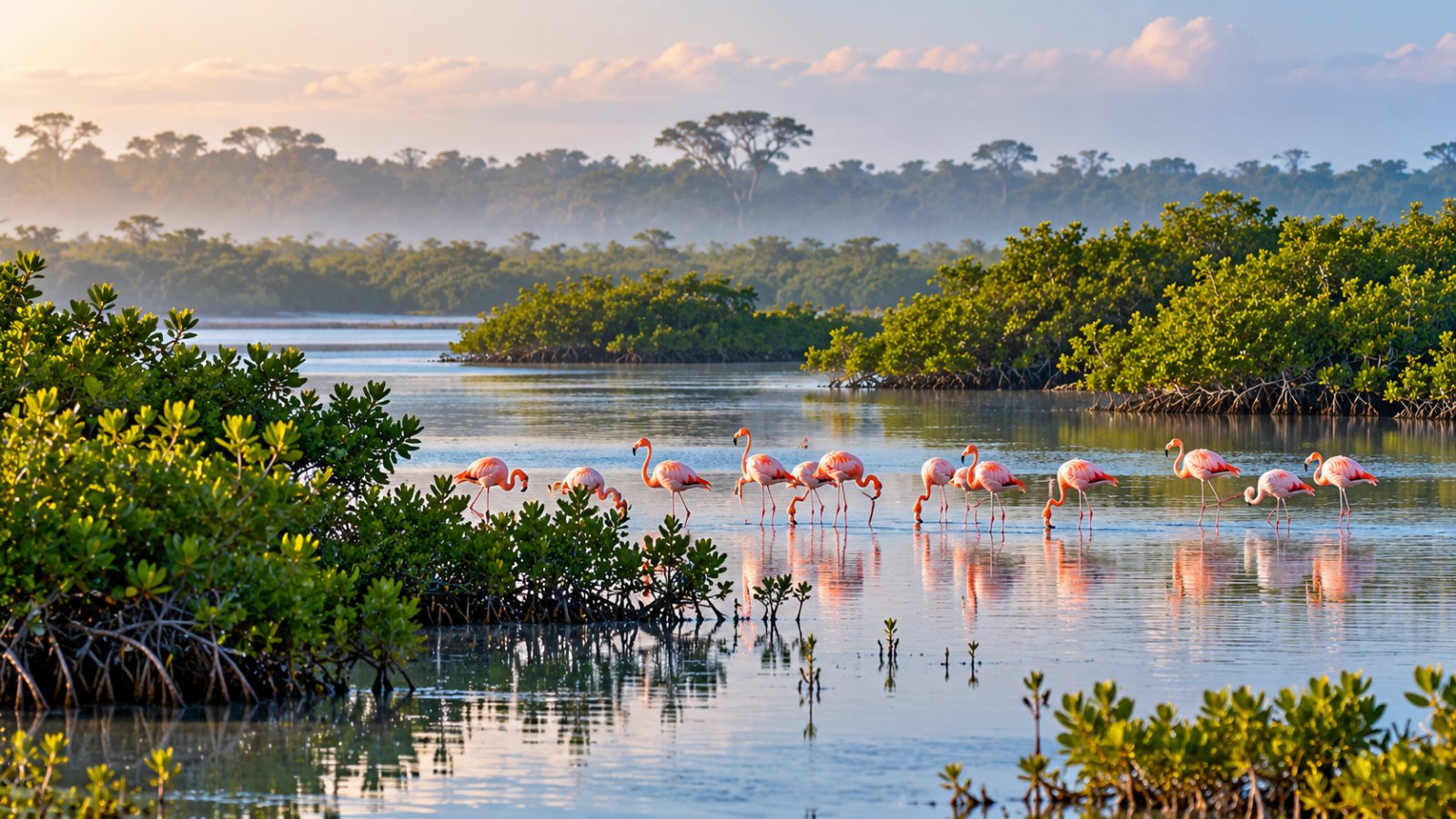 Fenicotteri rosa in una laguna tra le mangrovie della Ciénaga de Zapata, con la foschia del mattino
