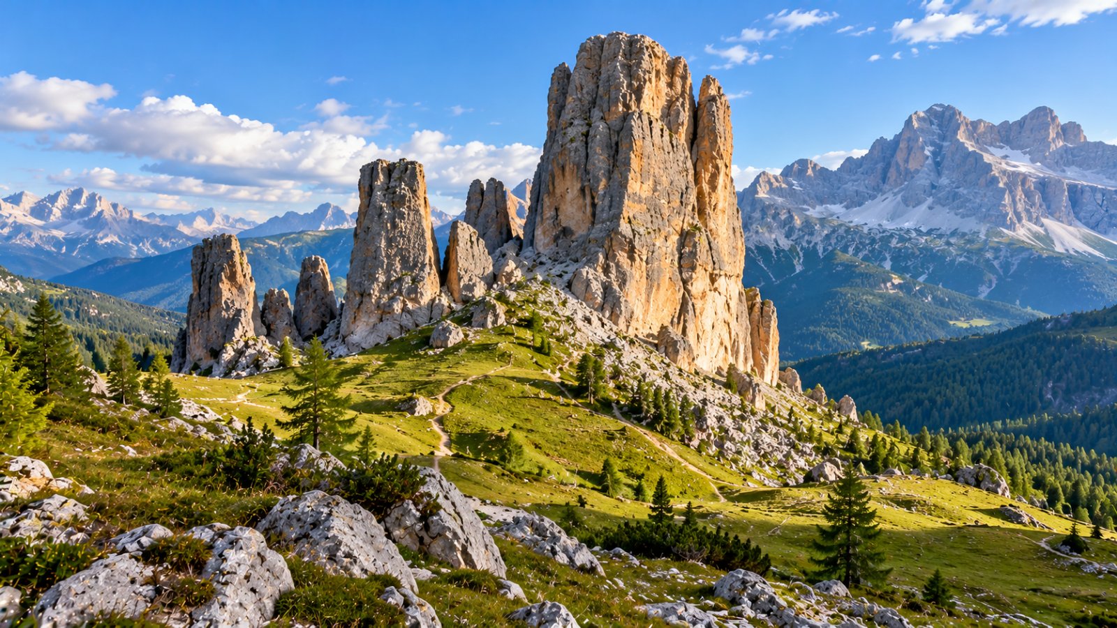 Le Cinque Torri, guglie di roccia dolomitica grigia e ocra che emergono da prati verdi e massi sparsi, sotto un cielo azzurro con qualche nuvola