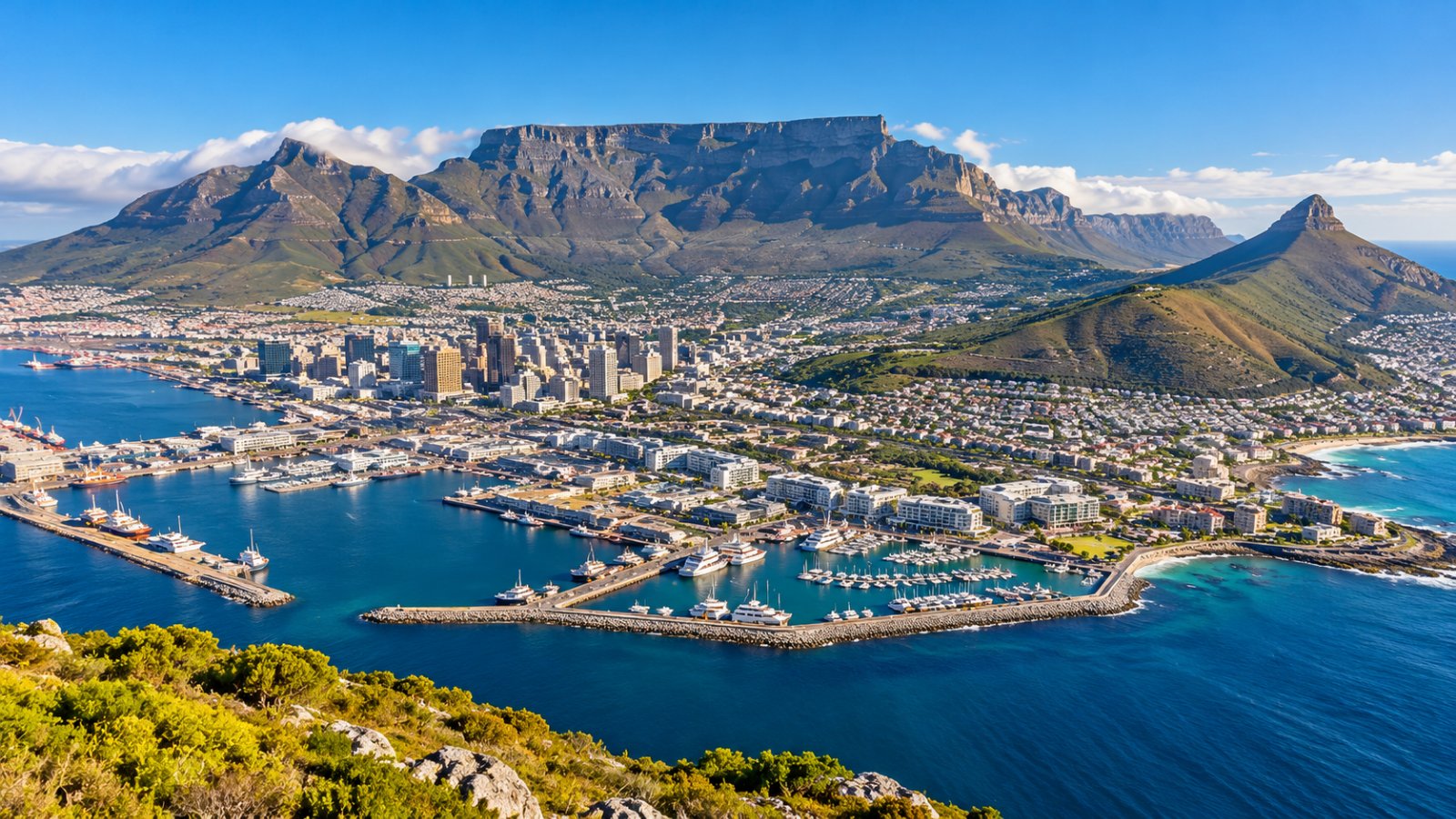 La Table Mountain sopra Città del Capo e il porto del Waterfront, con il Lion's Head a destra