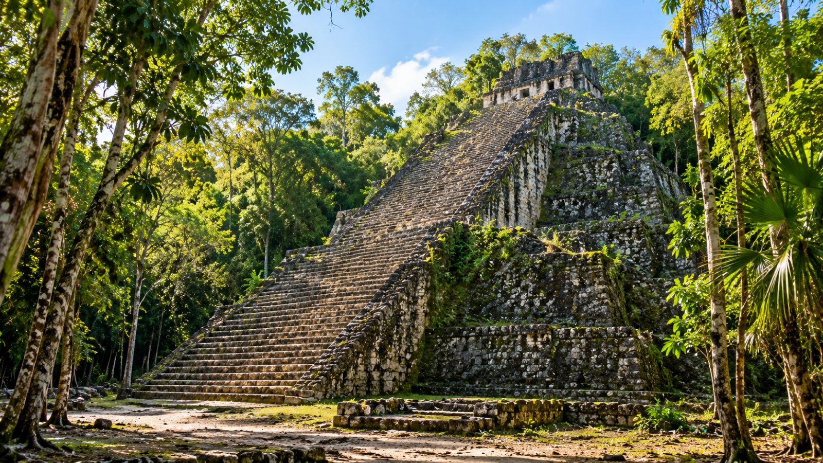 La piramide Nohoch Mul di Cobá, in pietra grigia, che emerge dalla giungla tropicale