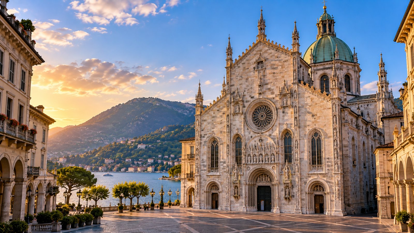 Una cattedrale in marmo con una cupola, vista da una piazza della città vicino al lago