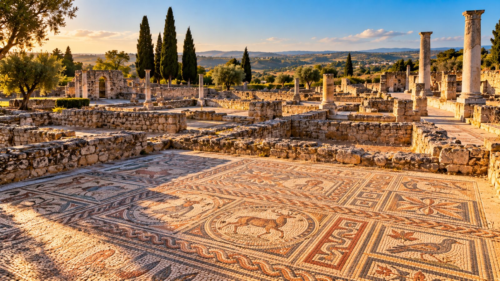 Rovine romane con pavimenti a mosaico colorati e basse mura di pietra chiara tra cipressi e ulivi, sotto la luce calda del tardo pomeriggio