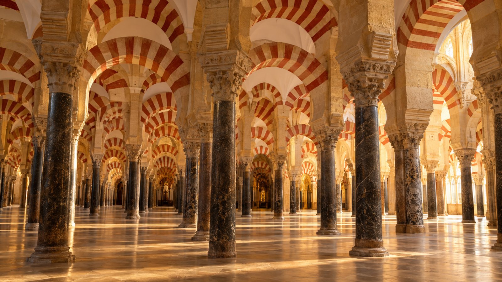 La foresta di colonne e di archi a strisce bianche e rosse all'interno della Mezquita di Cordova