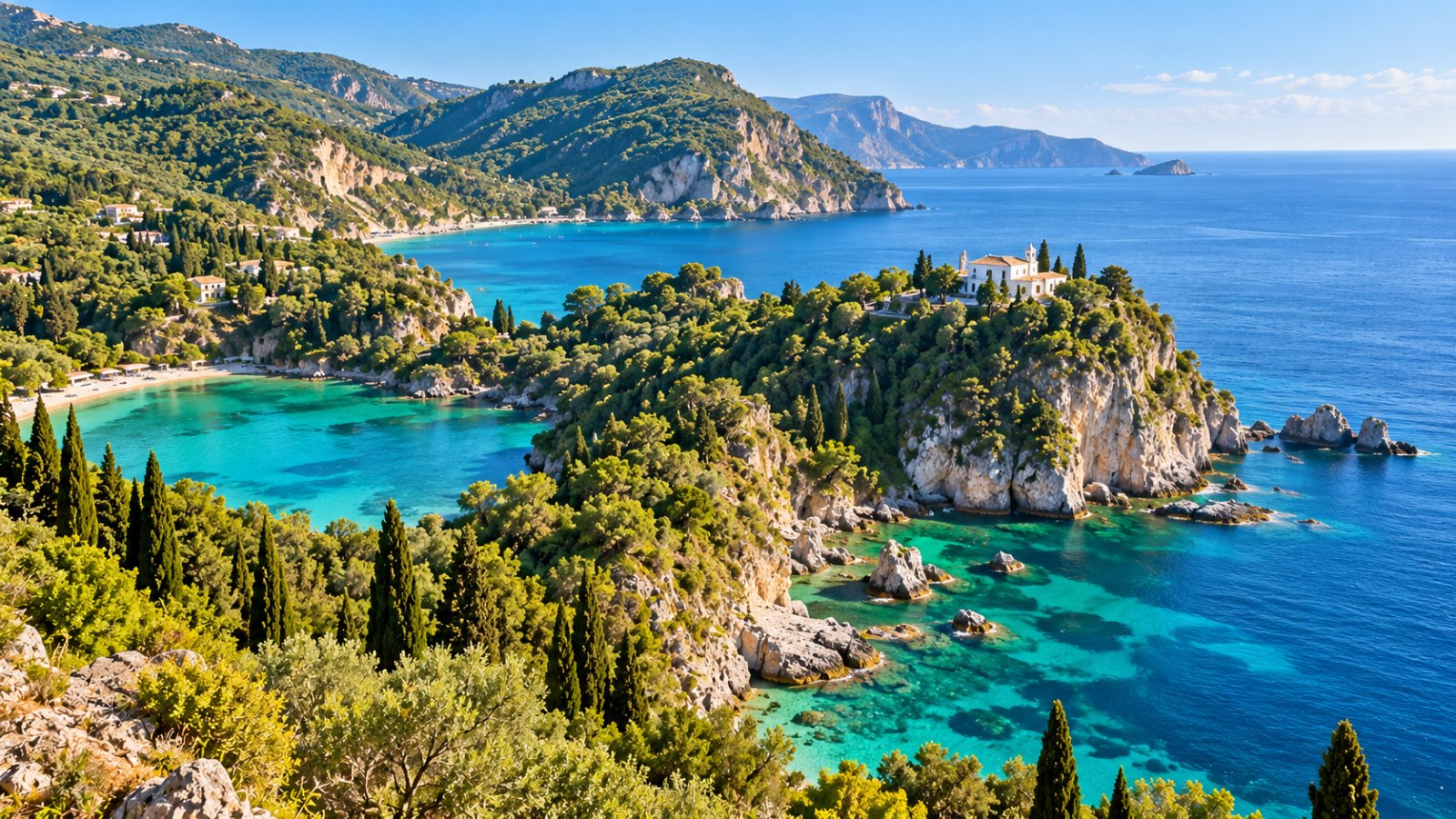 Le baie turchesi di Paleokastritsa a Corfù tra promontori coperti di ulivi e cipressi