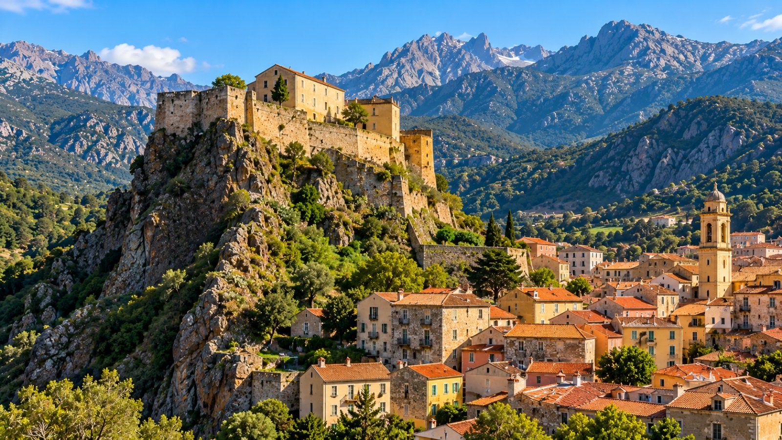 La cittadella di Corte arroccata su uno sperone roccioso sopra i tetti della città, con le montagne della Corsica sullo sfondo