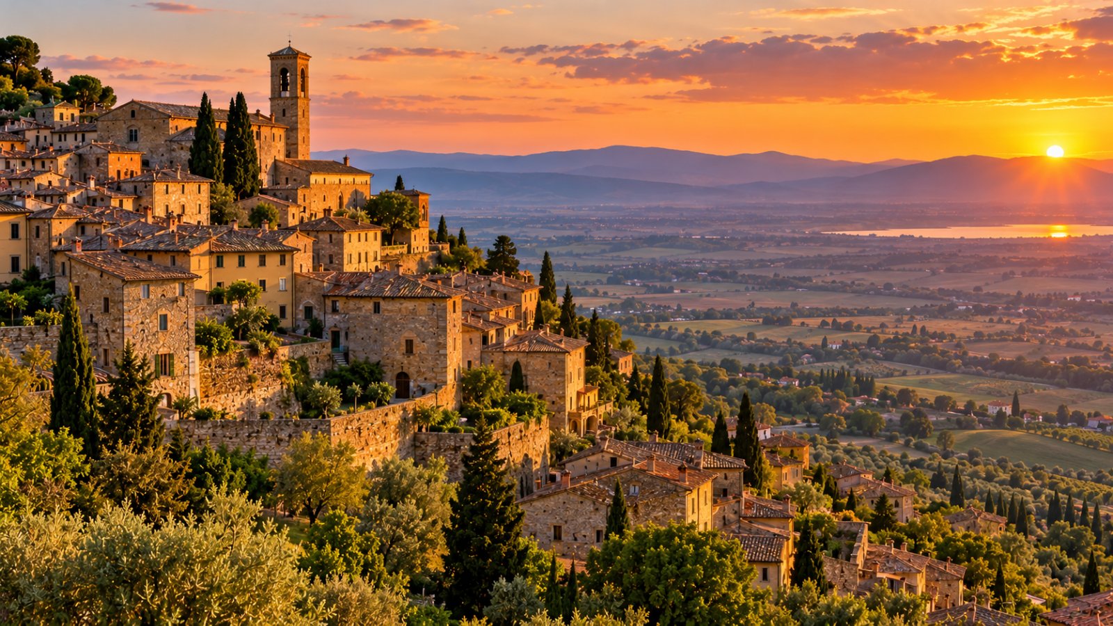Il borgo di Cortona arroccato sul colle con i tetti e il campanile, e sotto la Valdichiana al tramonto