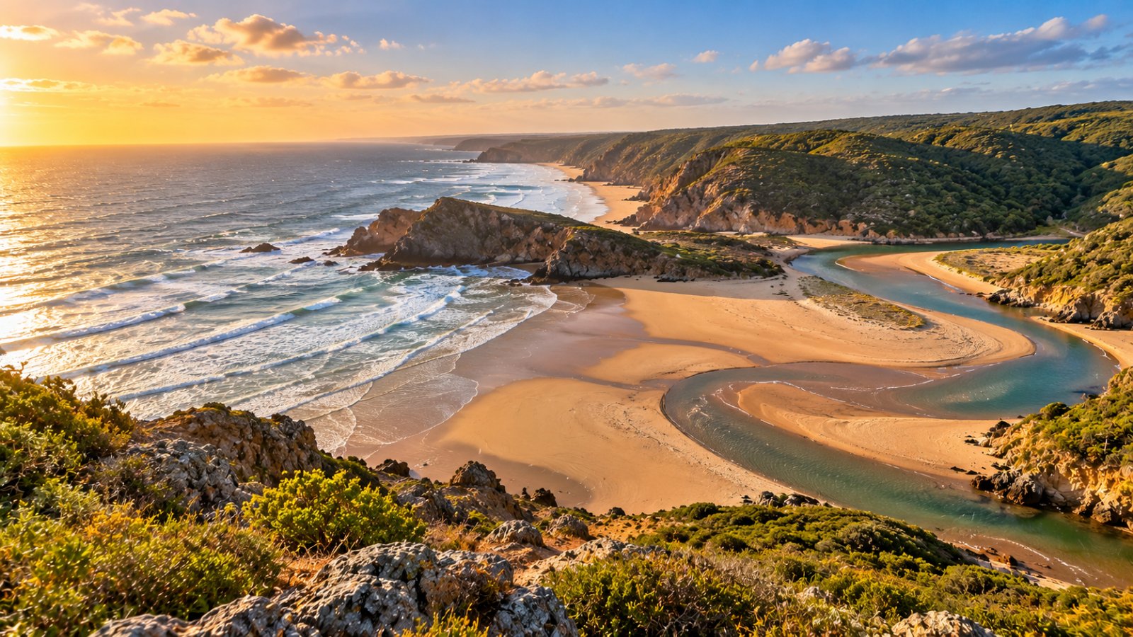 Una spiaggia dorata vista dall'alto, dove un fiume disegna un'ampia curva prima di sfociare nell'oceano, tra scogliere scure e colline verdi nella luce calda del tardo pomeriggio