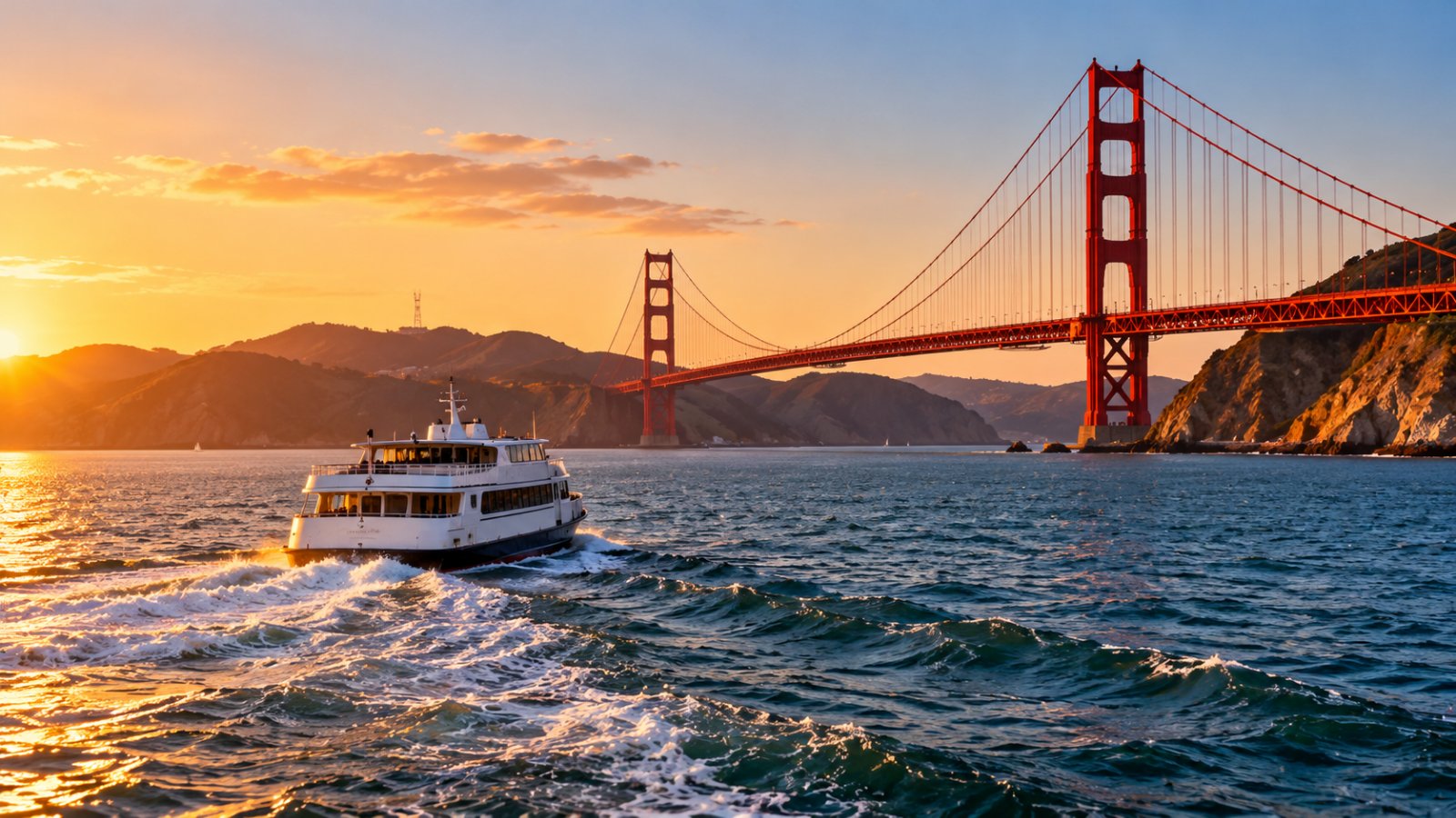 Un battello turistico bianco naviga nella baia di San Francisco verso il Golden Gate Bridge, con le colline di Marin sullo sfondo e la luce dorata del tardo pomeriggio