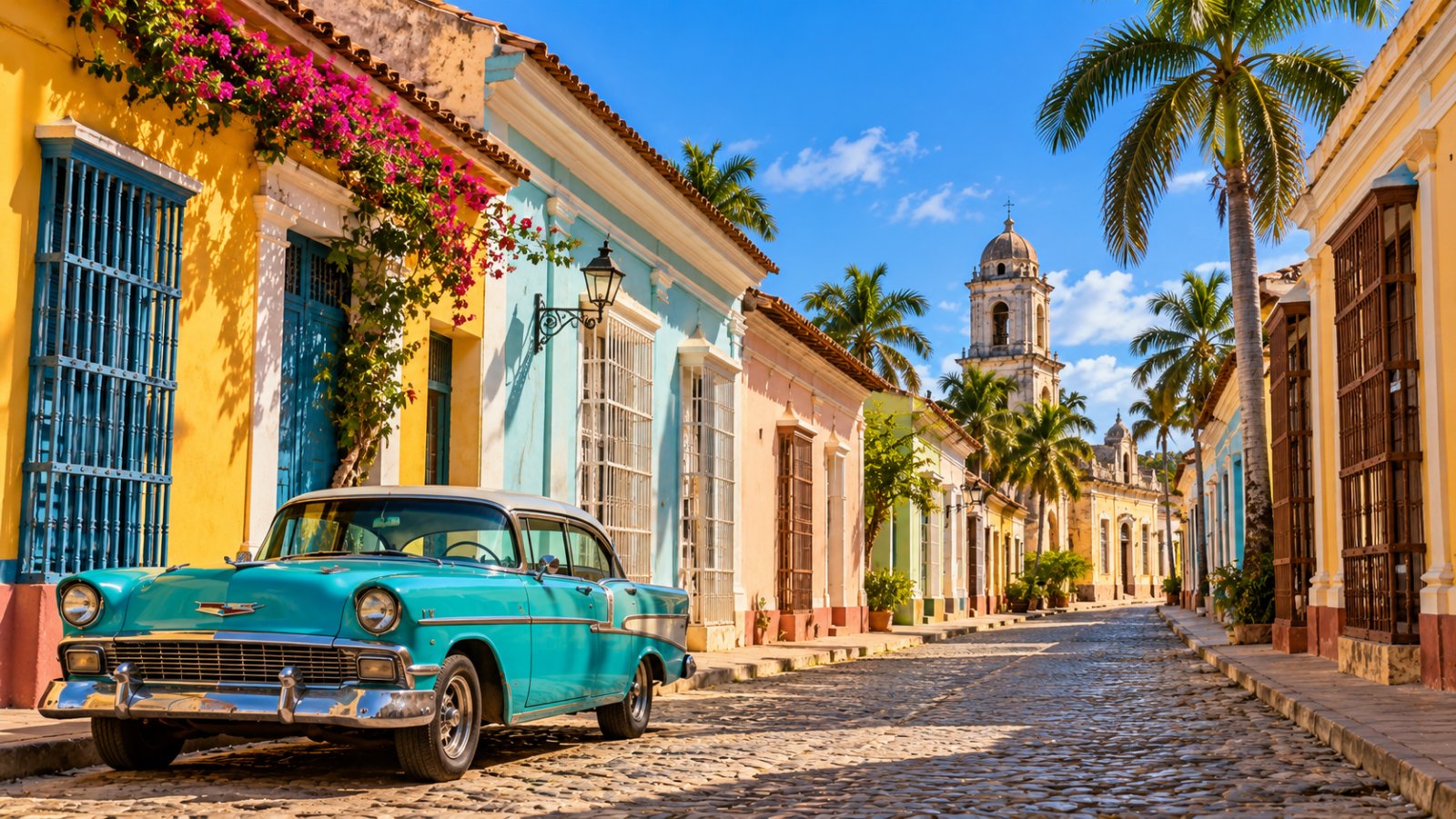 Una strada coloniale cubana con case basse colorate e un'auto americana d'epoca color turchese parcheggiata