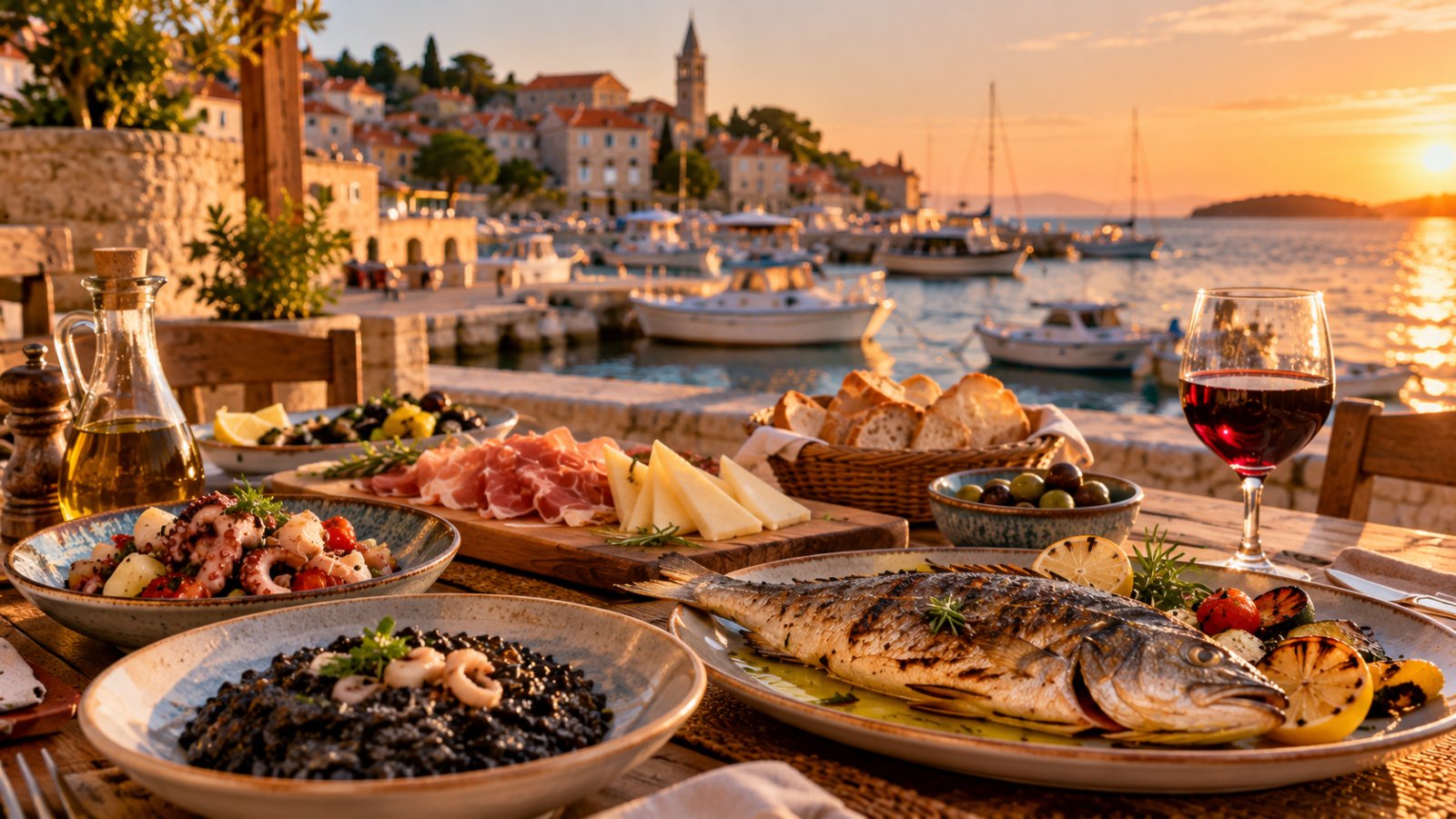 Una tavola all'aperto in una trattoria dalmata sul mare, con pesce alla griglia, risotto nero, insalata di polpo, prosciutto, formaggio e vino rosso