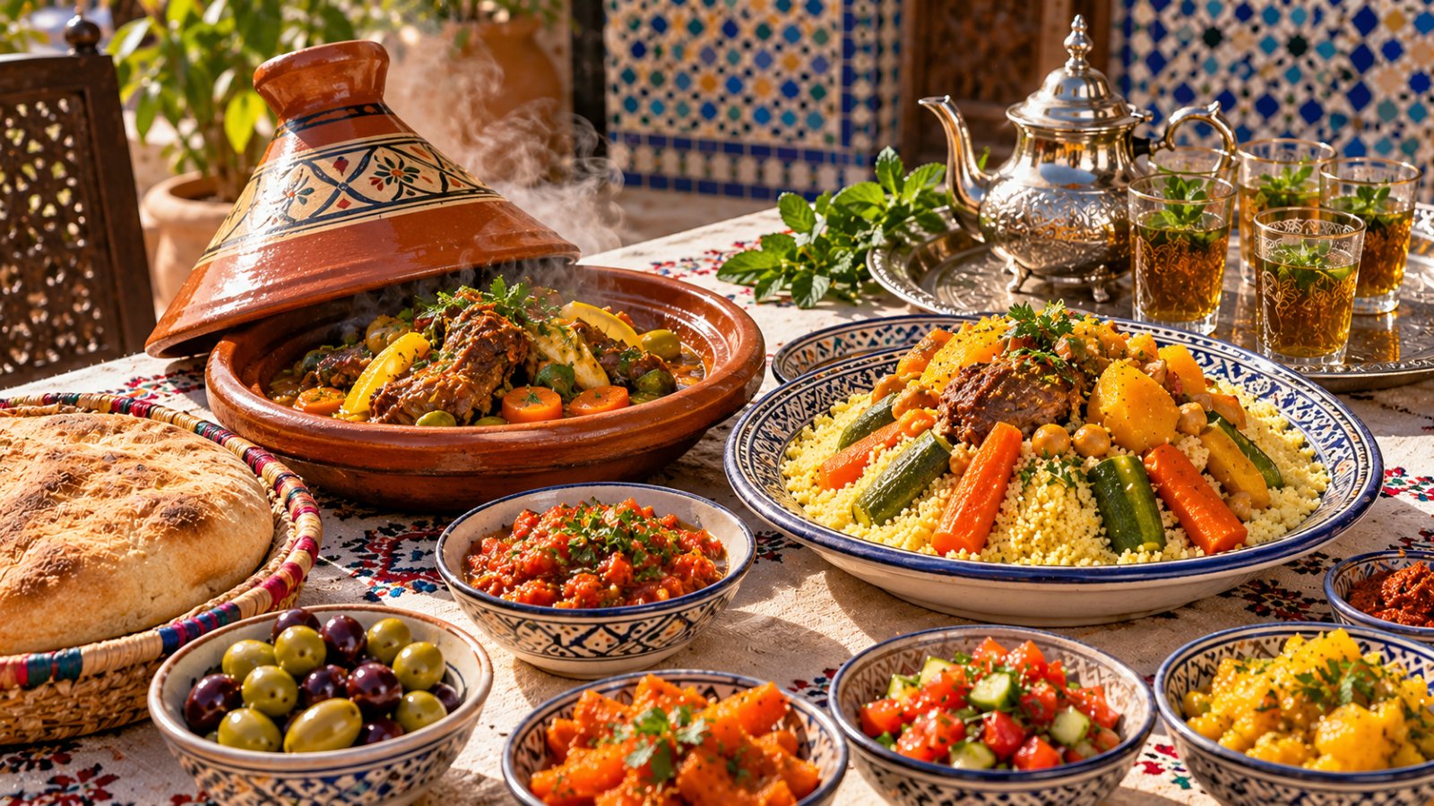 Una tavola marocchina con tajine di terracotta fumanti, un piatto di couscous con verdure, pane rotondo e bicchieri di tè alla menta su un vassoio d'argento