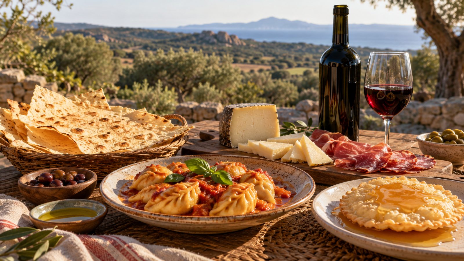 Una tavola sarda con pane carasau, culurgiones, pecorino, seadas e un bicchiere di vino rosso
