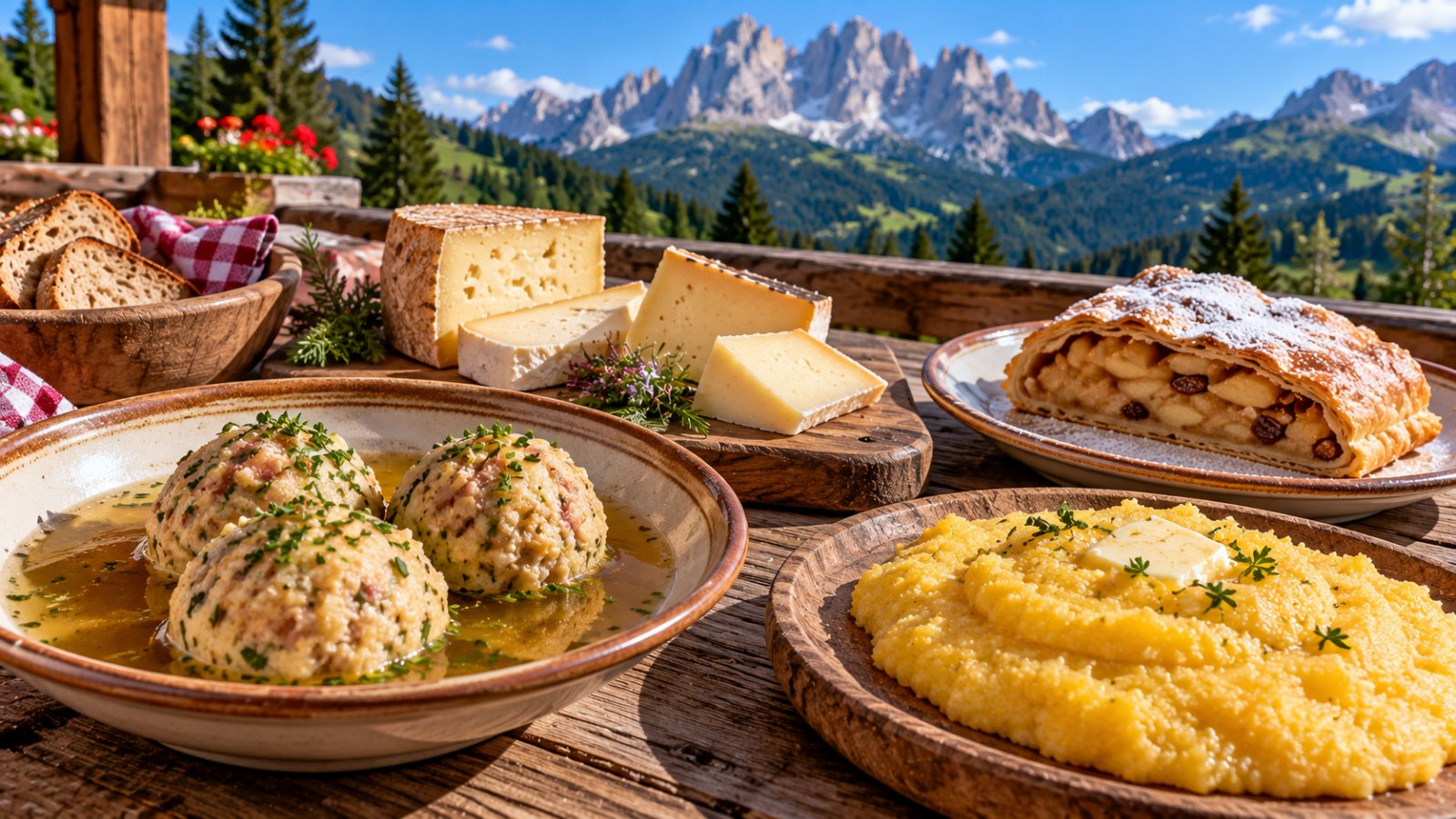 Canederli in brodo, polenta, formaggi di malga e strudel su un tavolo di legno