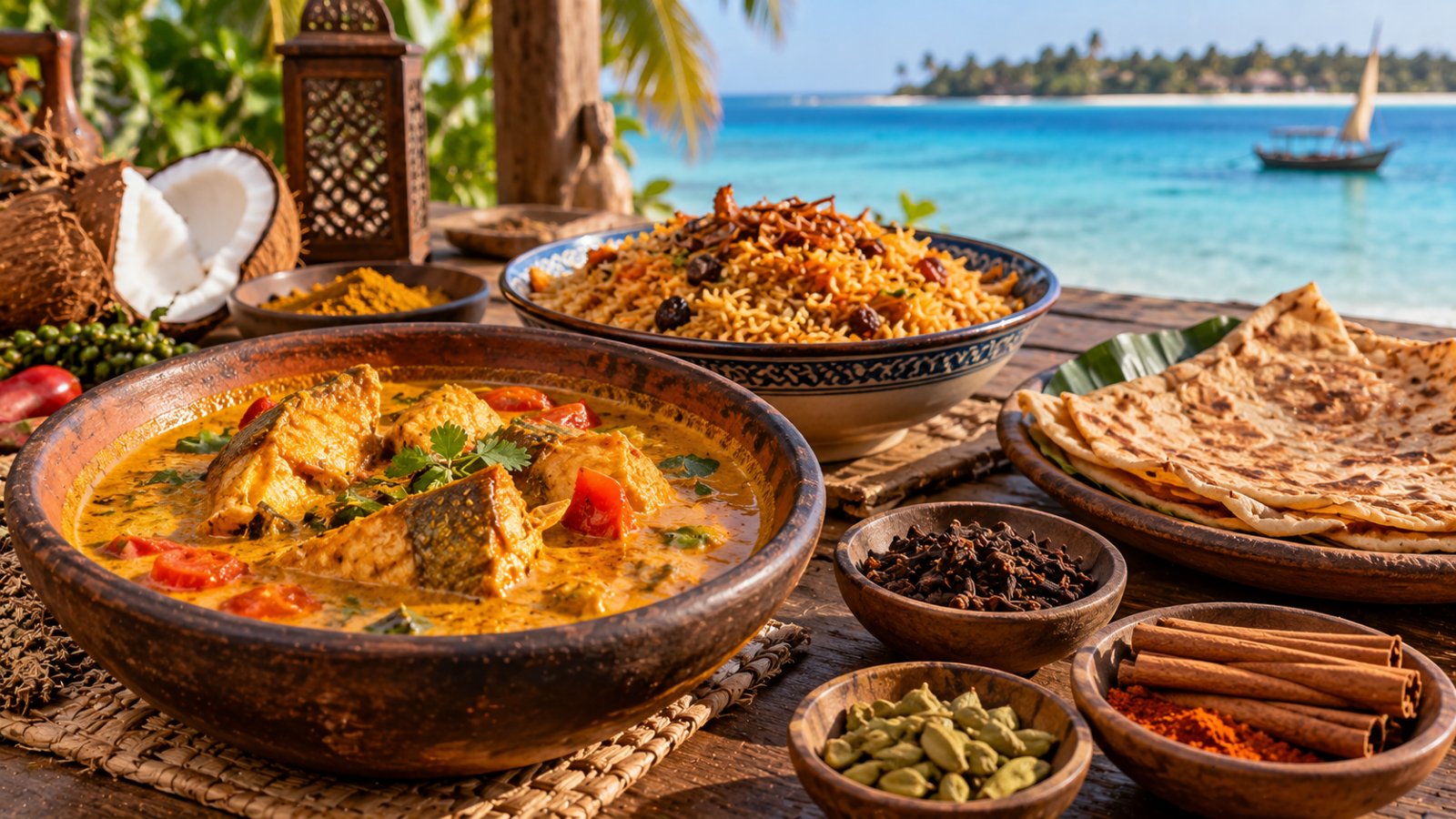 Piatti tipici di Zanzibar su un tavolo di legno: curry di pesce al cocco, riso pilau speziato, chapati e spezie come chiodi di garofano, cannella e cardamomo