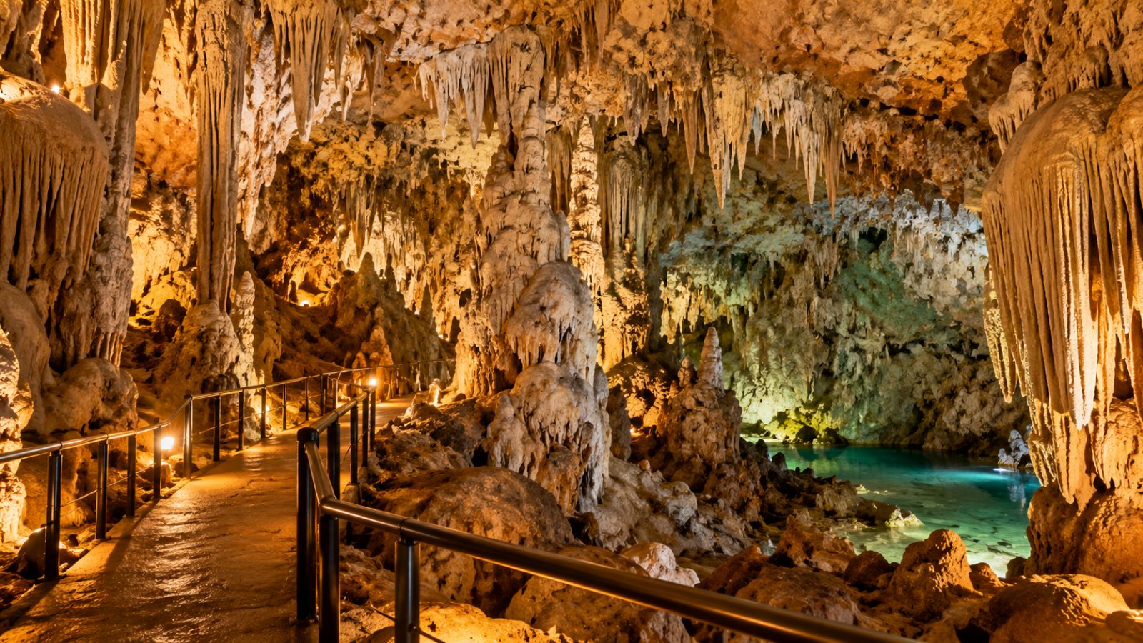 L'interno della Cueva de las Maravillas con stalattiti illuminate e un sentiero attrezzato nella roccia