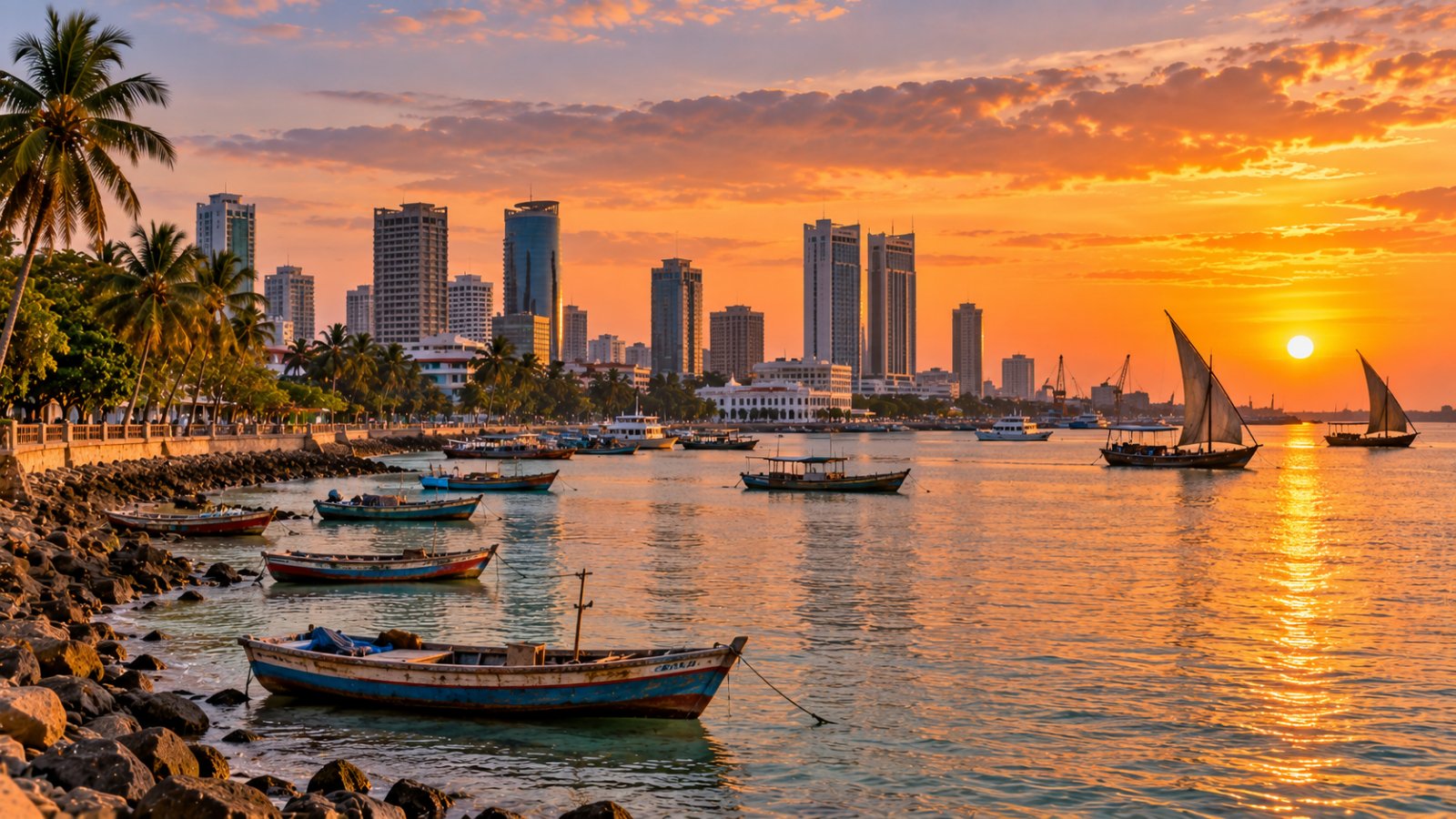 Barche dei pescatori e dhow nel porto di Dar es Salaam al tramonto, con i palazzi del centro sullo sfondo
