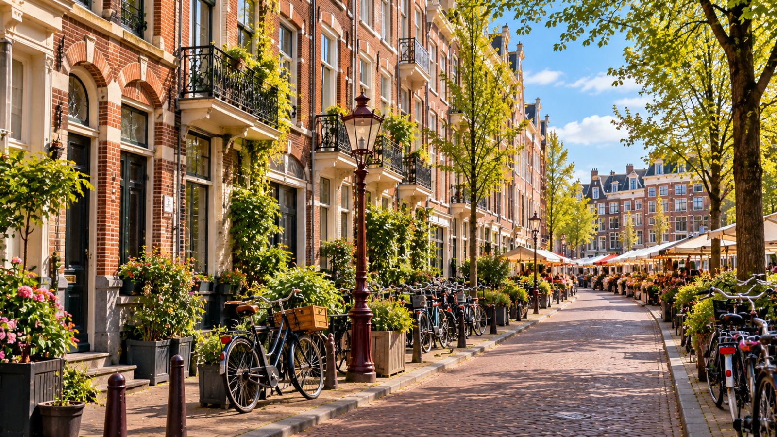 Una via del quartiere De Pijp ad Amsterdam con le case ottocentesche in mattoni, le biciclette parcheggiate e i banchi del mercato in lontananza