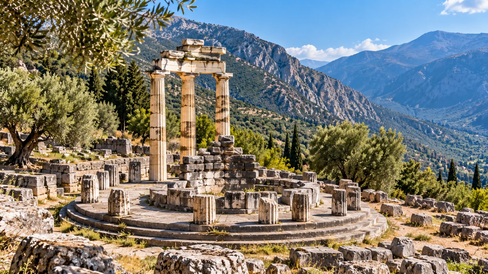 La Tholos del santuario di Atena Pronaia a Delfi tra gli ulivi, ai piedi del Parnaso