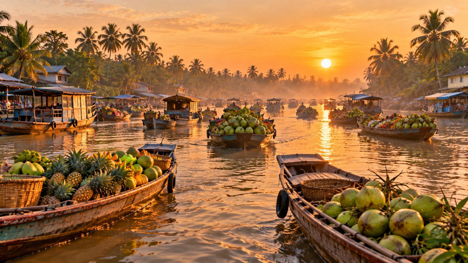 Barche di legno cariche di frutta in un mercato galleggiante del delta del Mekong all'alba, con le palme sulle rive del fiume